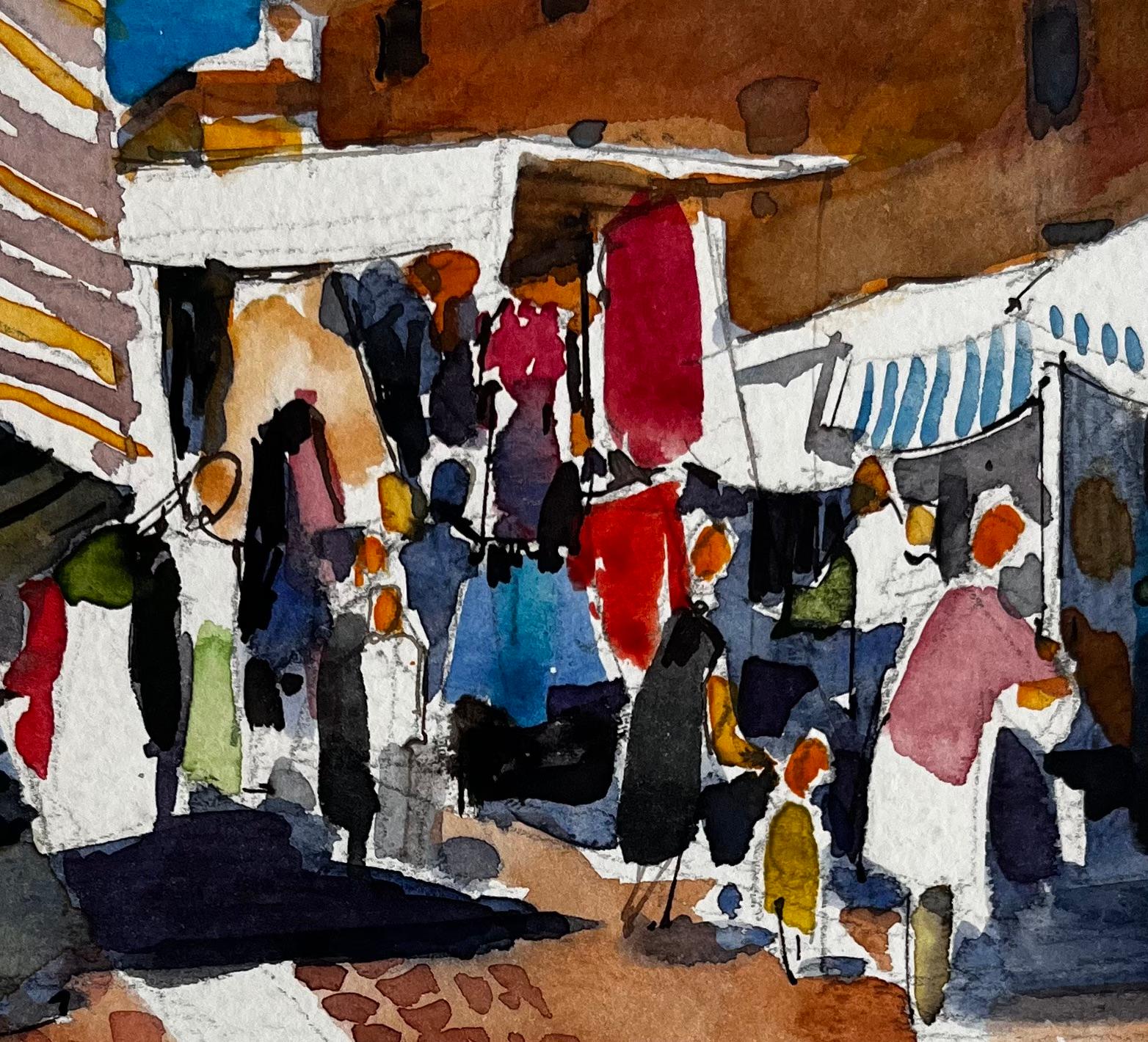 Scena di mercato francese con bancarelle di figure colorate e architettura illuminata dal sole in vendita 2