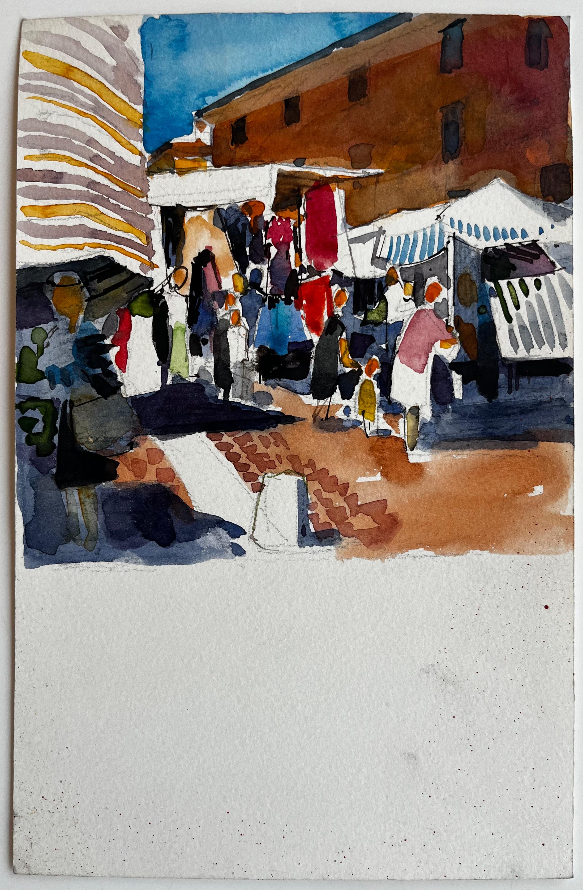 Scena di mercato francese con bancarelle di figure colorate e architettura illuminata dal sole - Art Postimpressionismo di Pierre Neveu