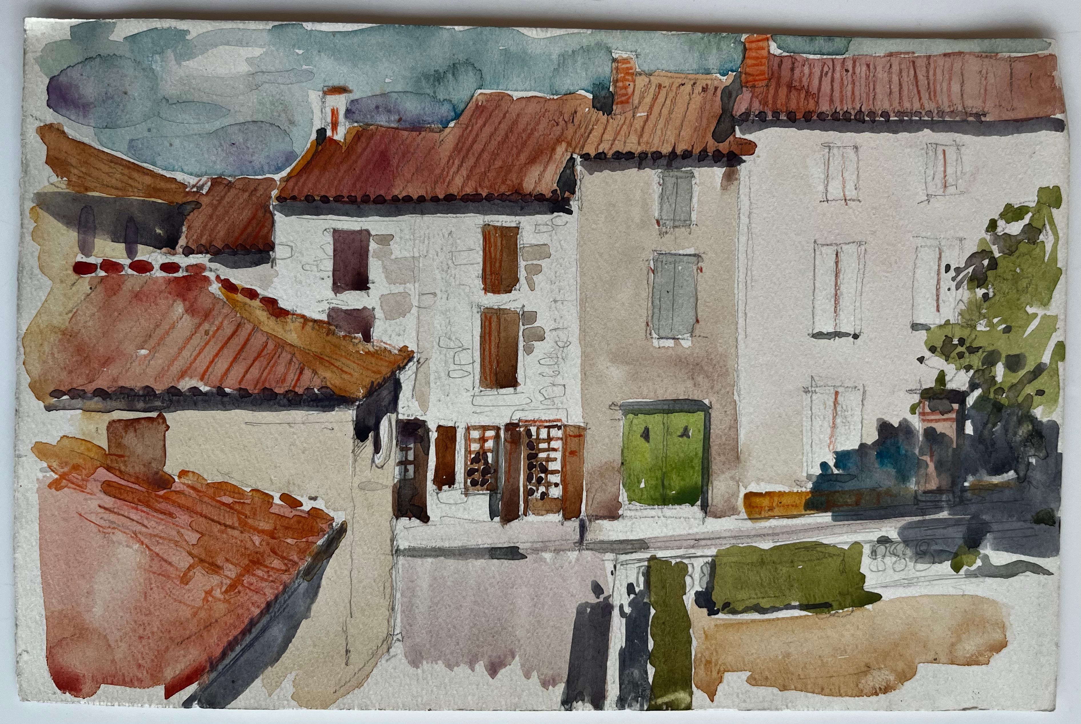 Scena di strada di un villaggio francese Tetti in terracotta Case in pietra e porta verde - Art di Pierre Neveu