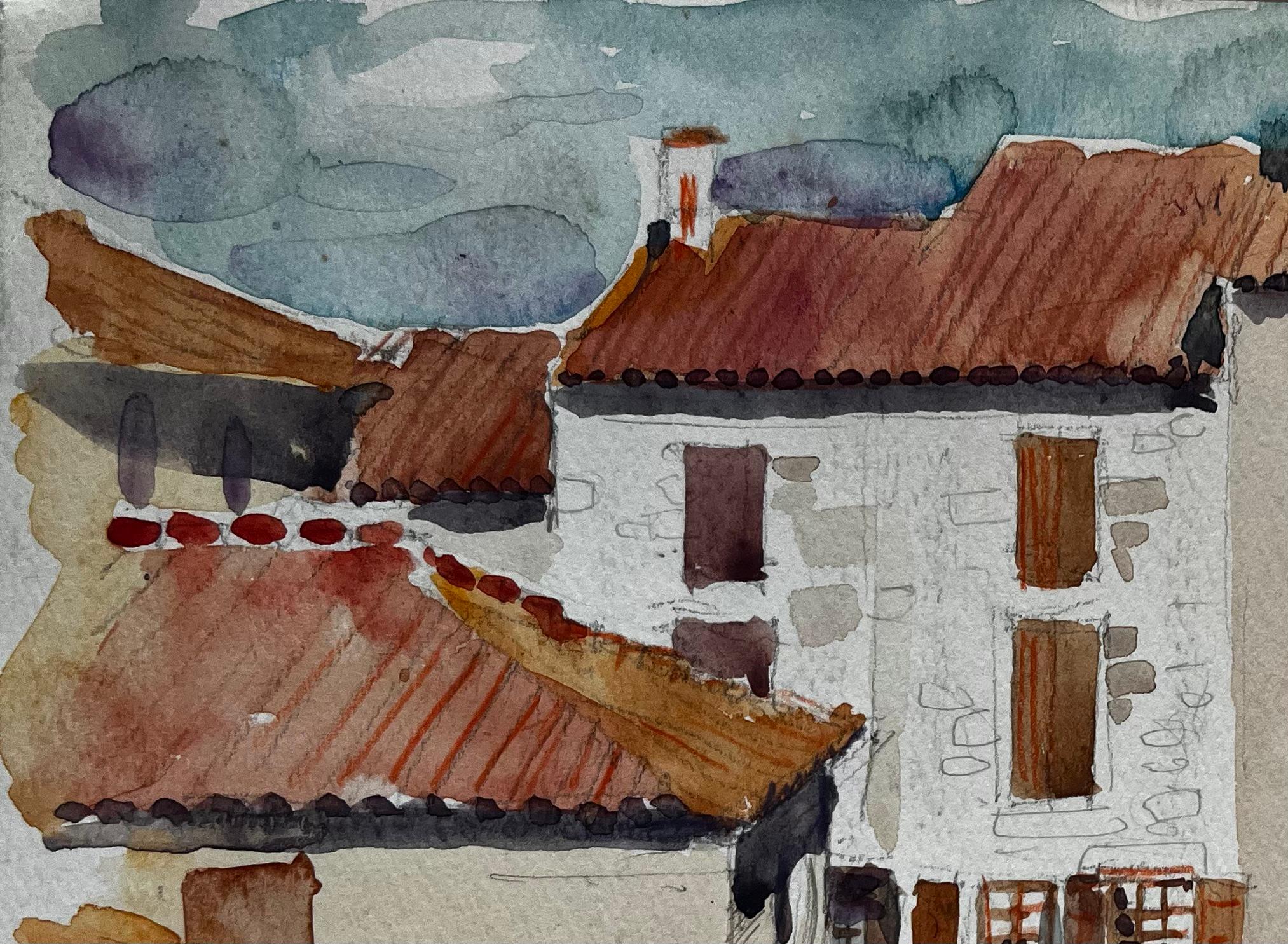 Scena di strada di un villaggio francese Tetti in terracotta Case in pietra e porta verde - Art Postimpressionismo di Pierre Neveu