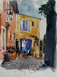 French Village Street Colourful Houses Cobbled Path and Blue Shutters Watercolor