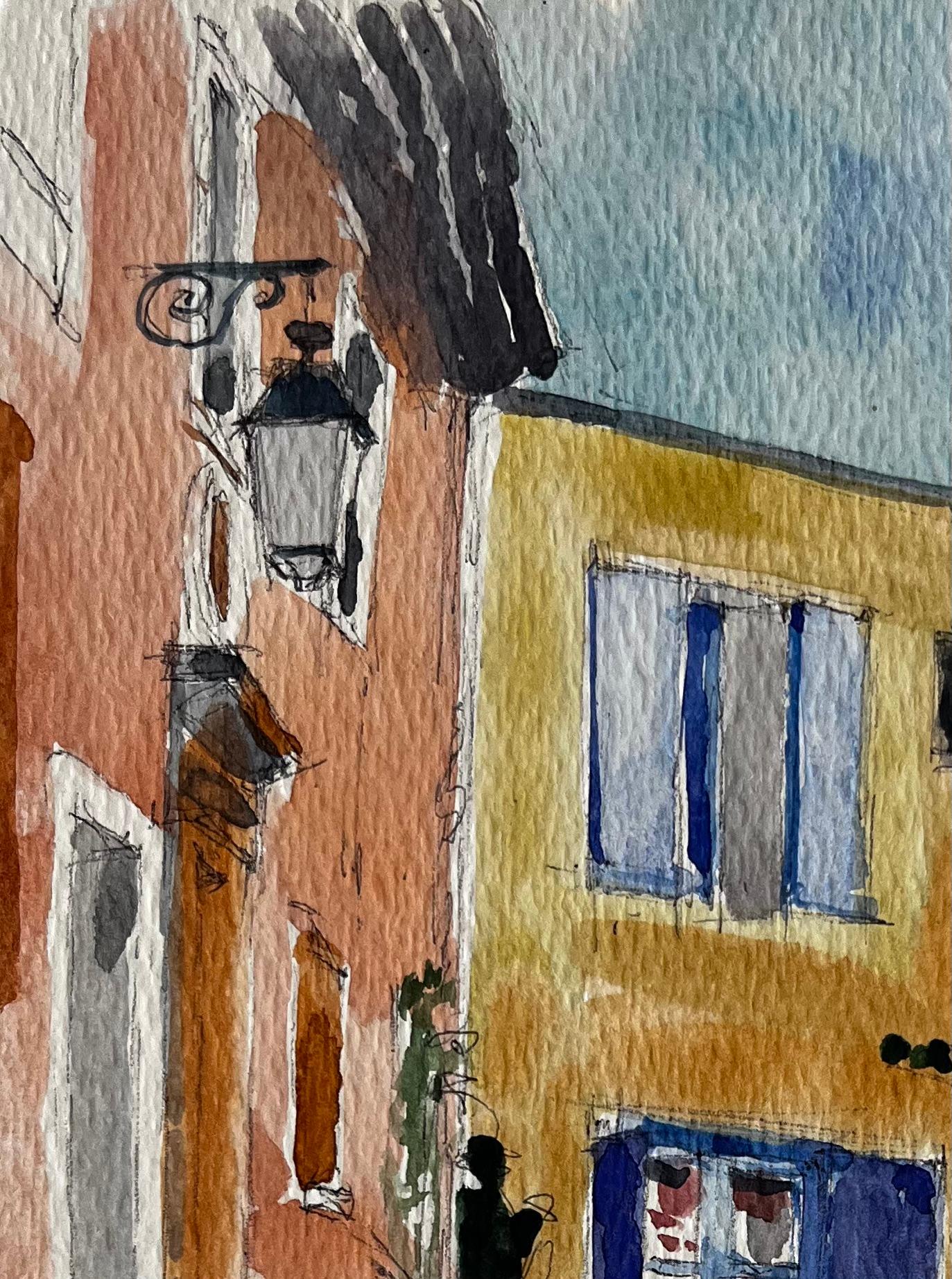 Via del villaggio francese Case colorate Sentiero acciottolato e persiane blu Acquerello - Art Postimpressionismo di Pierre Neveu