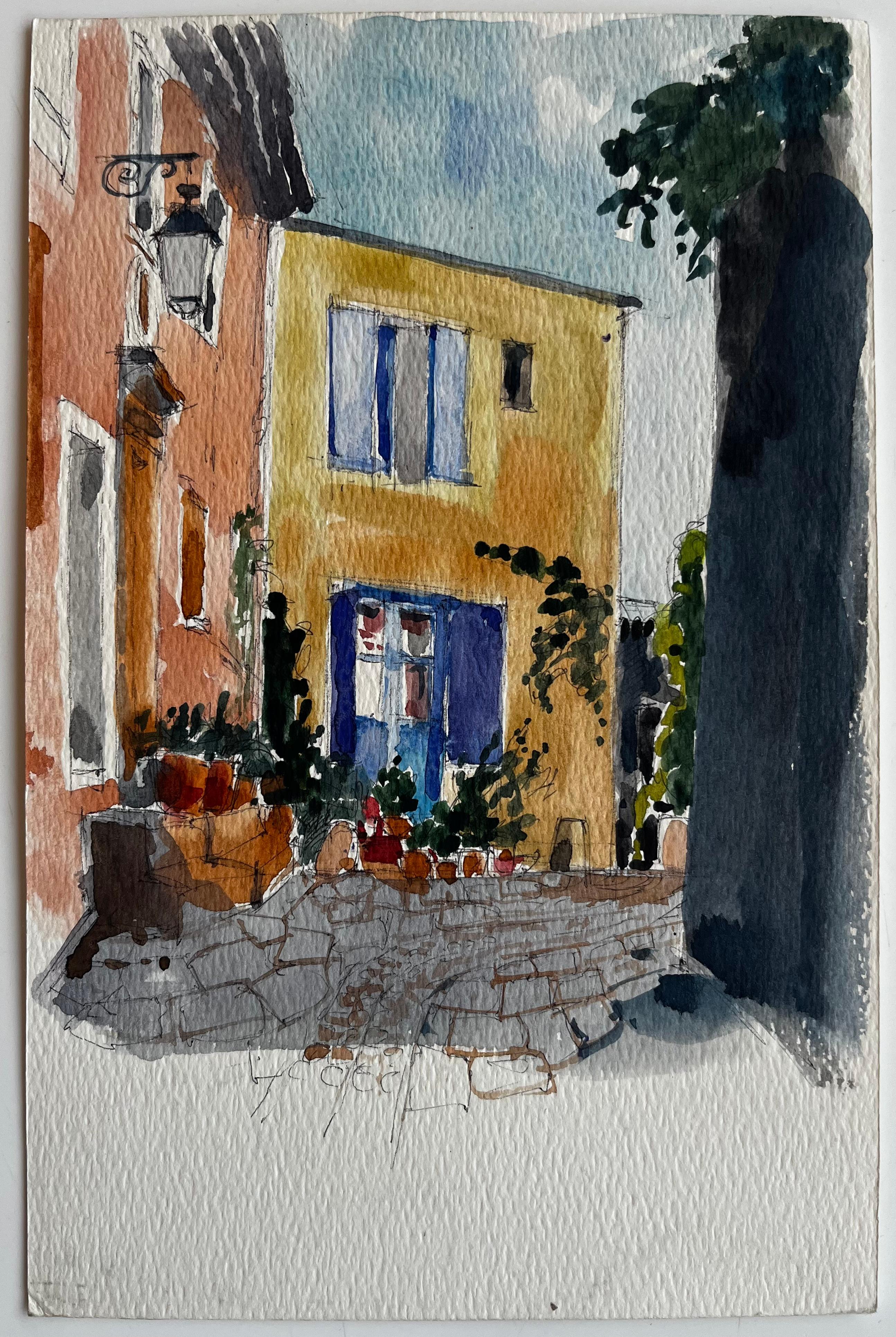 Via del villaggio francese Case colorate Sentiero acciottolato e persiane blu Acquerello - Art di Pierre Neveu