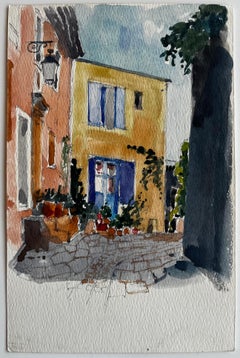 Via del villaggio francese Case colorate Sentiero acciottolato e persiane blu Acquerello