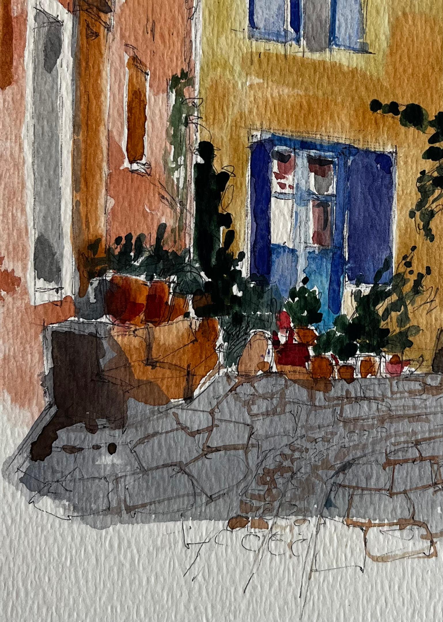 Via del villaggio francese Case colorate Sentiero acciottolato e persiane blu Acquerello - Landscape Art Marrone di Pierre Neveu