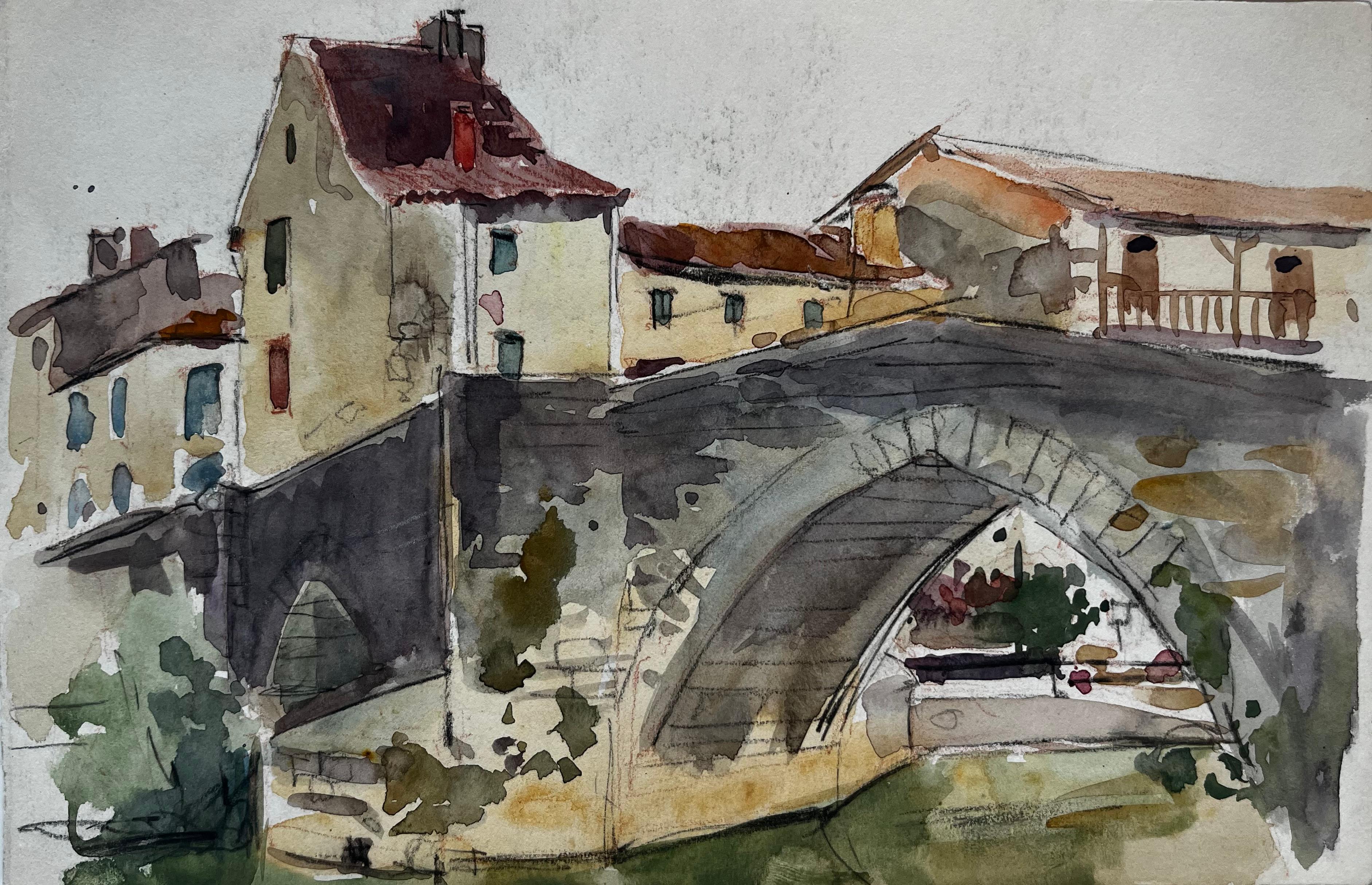French Stone Bridge Village Houses Riverside Scene Watercolor