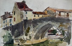 French Stone Bridge Village Houses Riverside Scene Watercolor