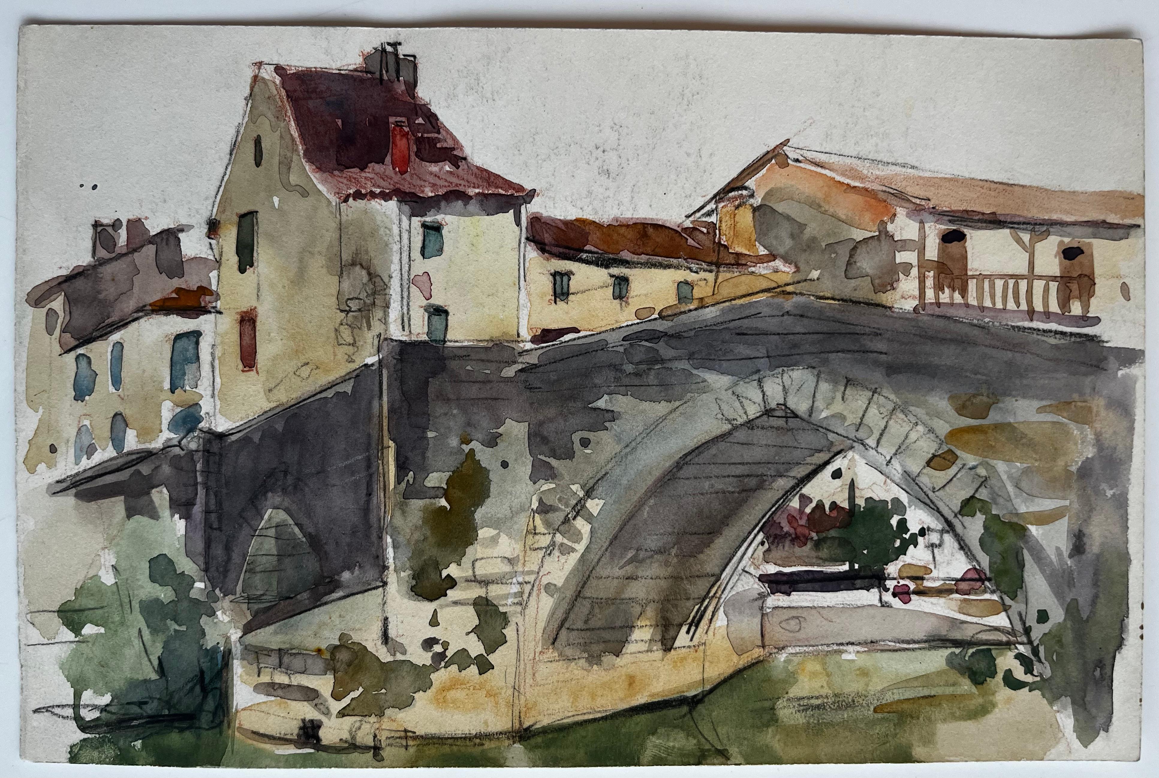 Ponte di pietra francese Case del villaggio Scena di fiume Acquerello - Art di Pierre Neveu