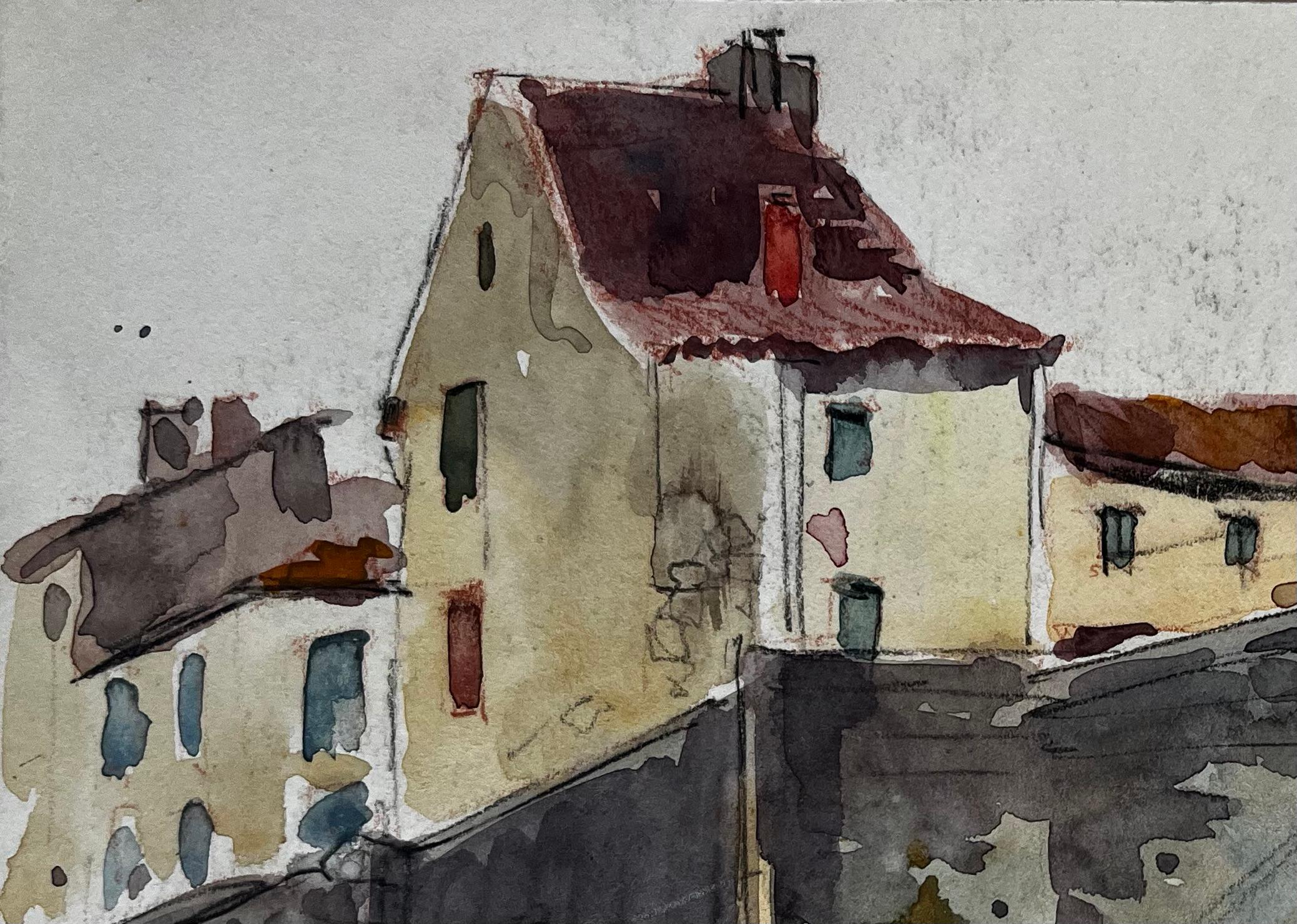 Ponte di pietra francese Case del villaggio Scena di fiume Acquerello - Art Postimpressionismo di Pierre Neveu