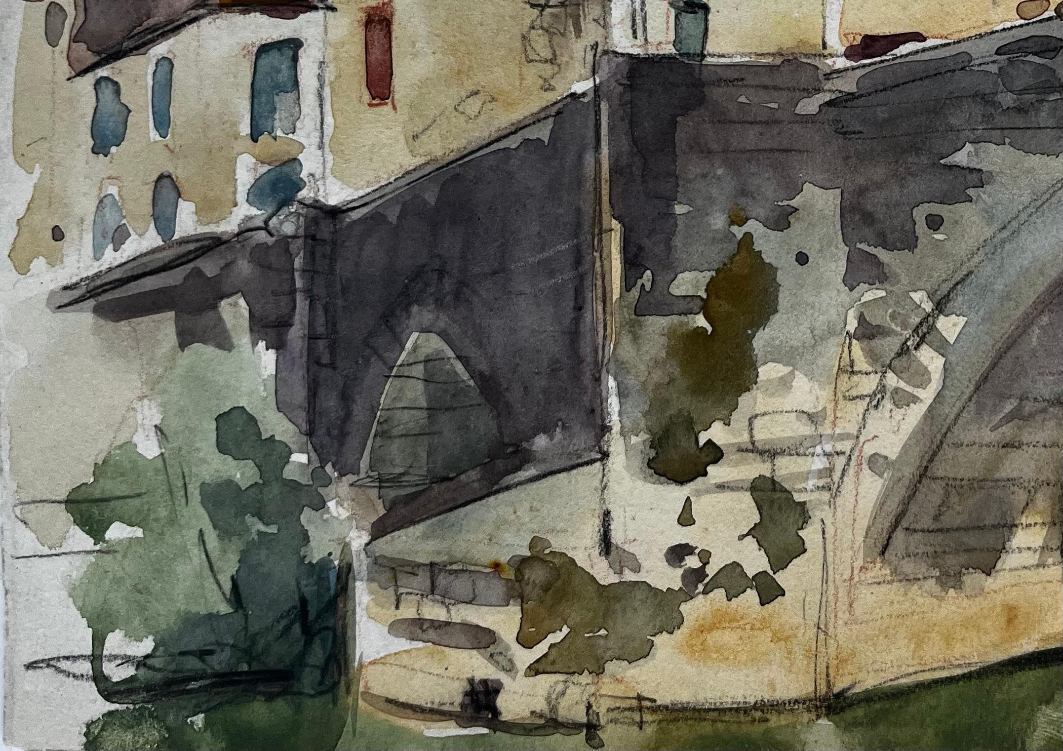 Ponte di pietra francese Case del villaggio Scena di fiume Acquerello - Landscape Art Grigio di Pierre Neveu