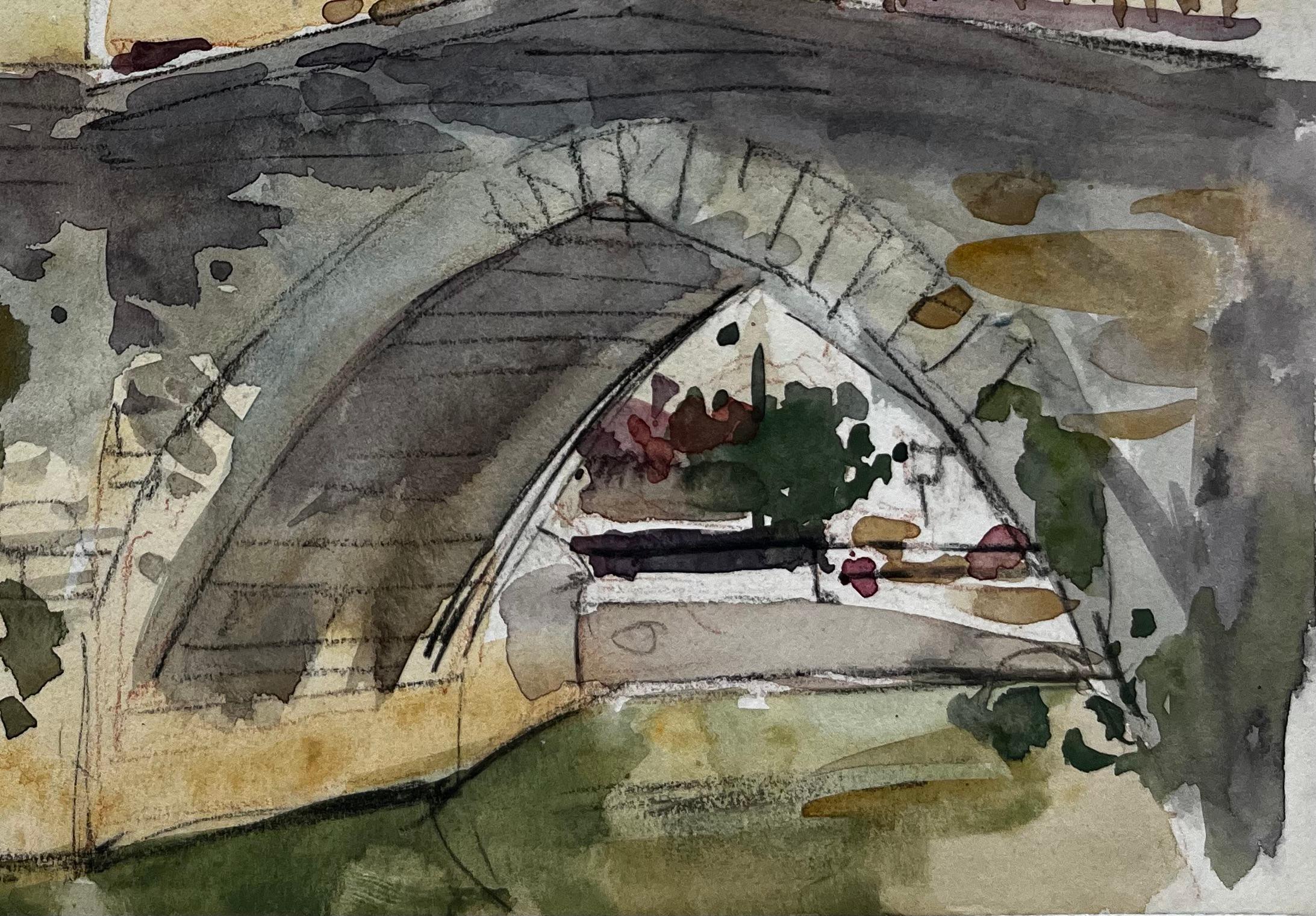 Ponte di pietra francese Case del villaggio Scena di fiume Acquerello in vendita 1