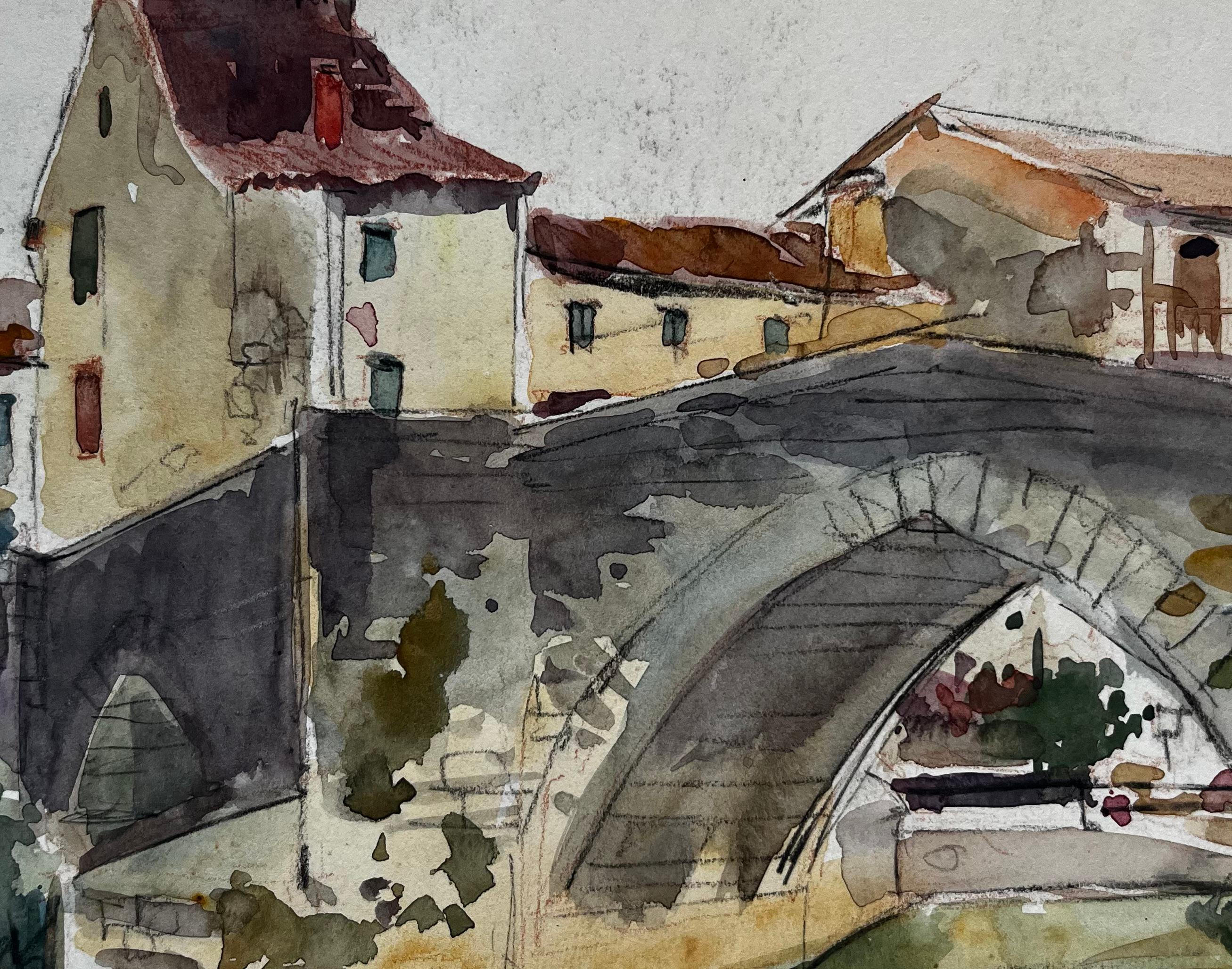 Ponte di pietra francese Case del villaggio Scena di fiume Acquerello in vendita 2