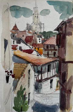 Used French Village Rooftops Church Spire and Timber Houses Watercolor