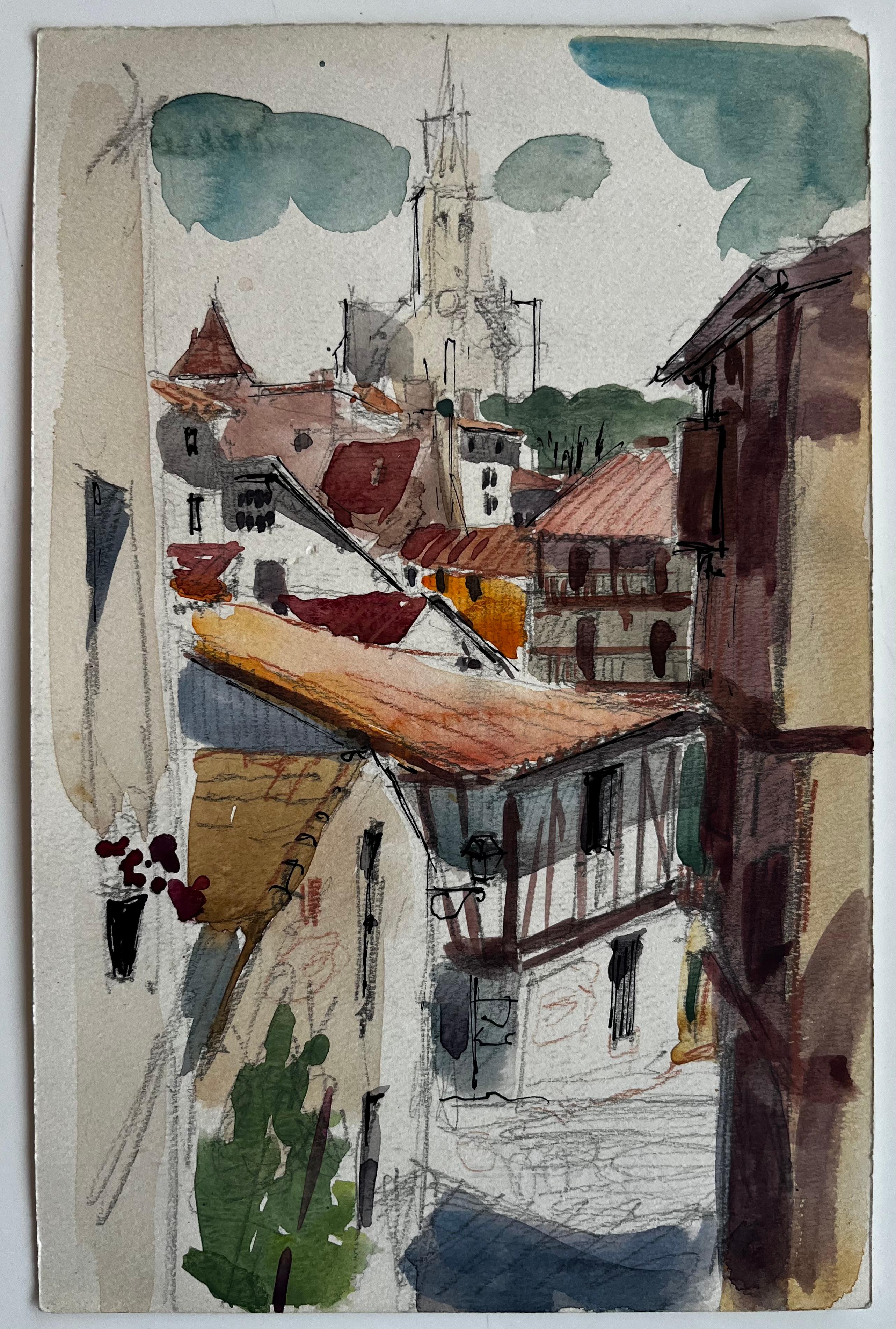 Tetti di un villaggio francese Guglia della chiesa e case in legno Acquerello - Art di Pierre Neveu