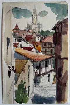 French Village Rooftops Church Spire and Timber Houses Watercolor