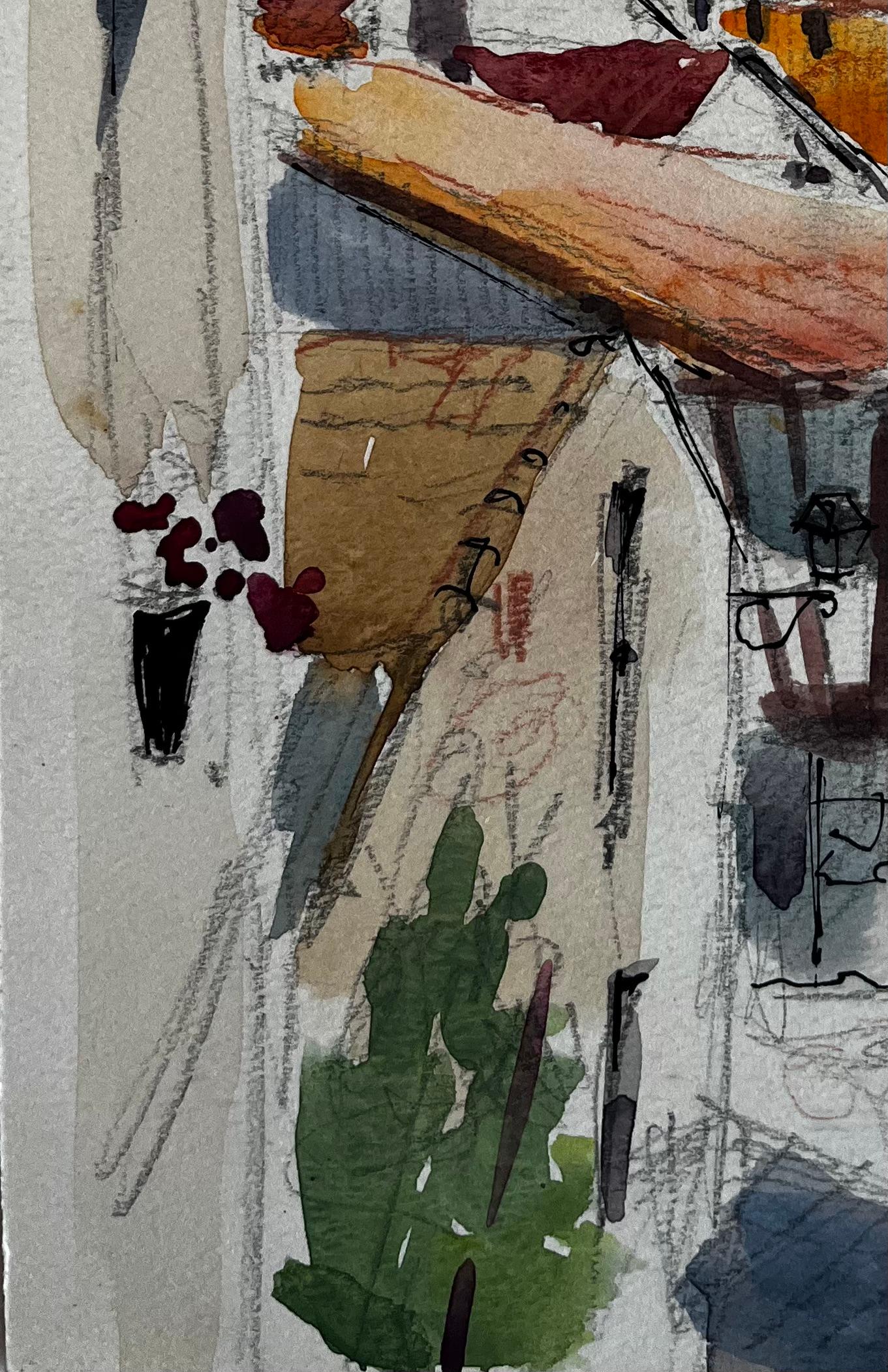 Tetti di un villaggio francese Guglia della chiesa e case in legno Acquerello - Landscape Art Grigio di Pierre Neveu