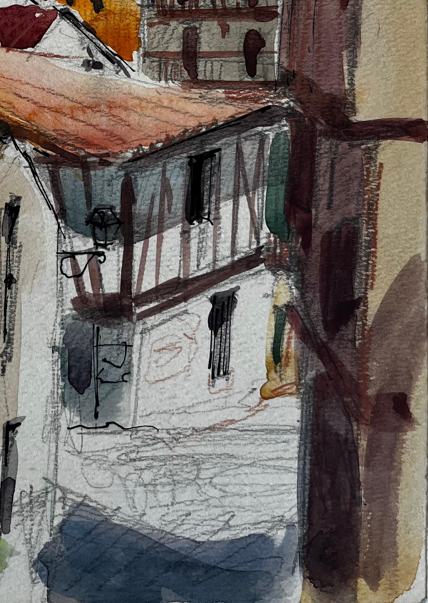 Tetti di un villaggio francese Guglia della chiesa e case in legno Acquerello - Art Postimpressionismo di Pierre Neveu