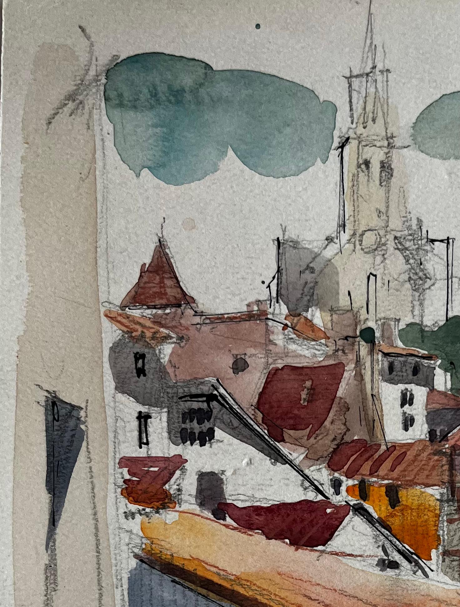 Titolo: Tetti del villaggio francese Guglia della chiesa e case in legno Acquerello
Artista: Pierre Neveu (francese, nato nel 1929)
Medium: Acquerello su carta da artisti, senza cornice
Dimensioni (H. x L): 9,75 x 6,25 pollici
Condit: