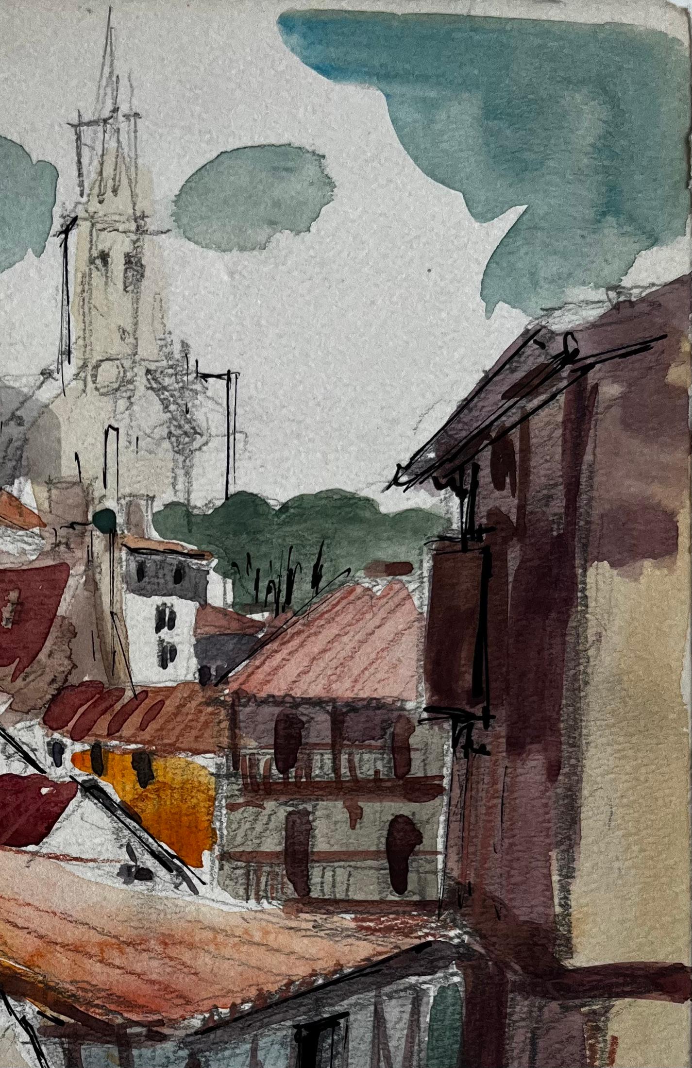 Tetti di un villaggio francese Guglia della chiesa e case in legno Acquerello in vendita 1