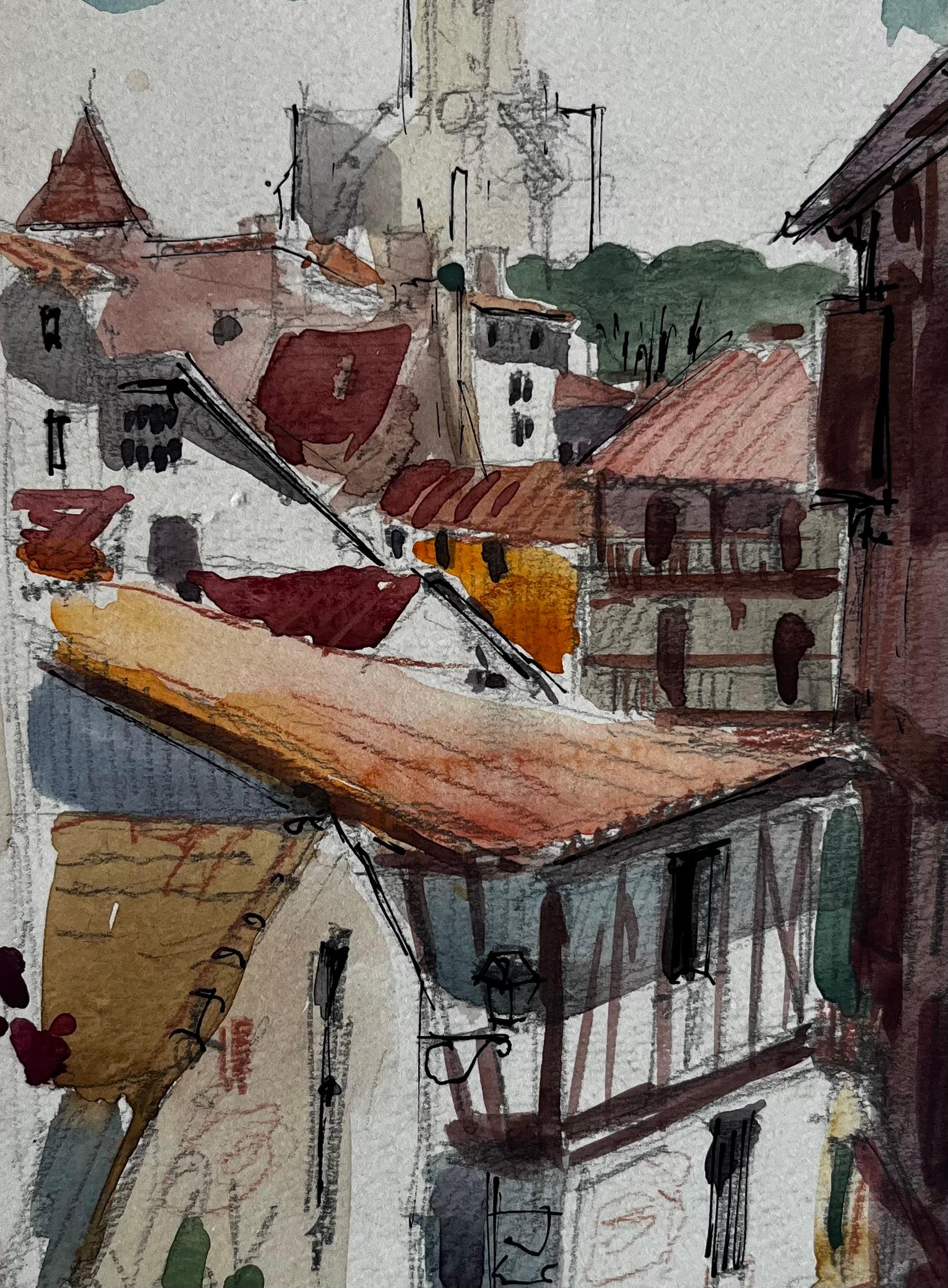 Tetti di un villaggio francese Guglia della chiesa e case in legno Acquerello in vendita 2