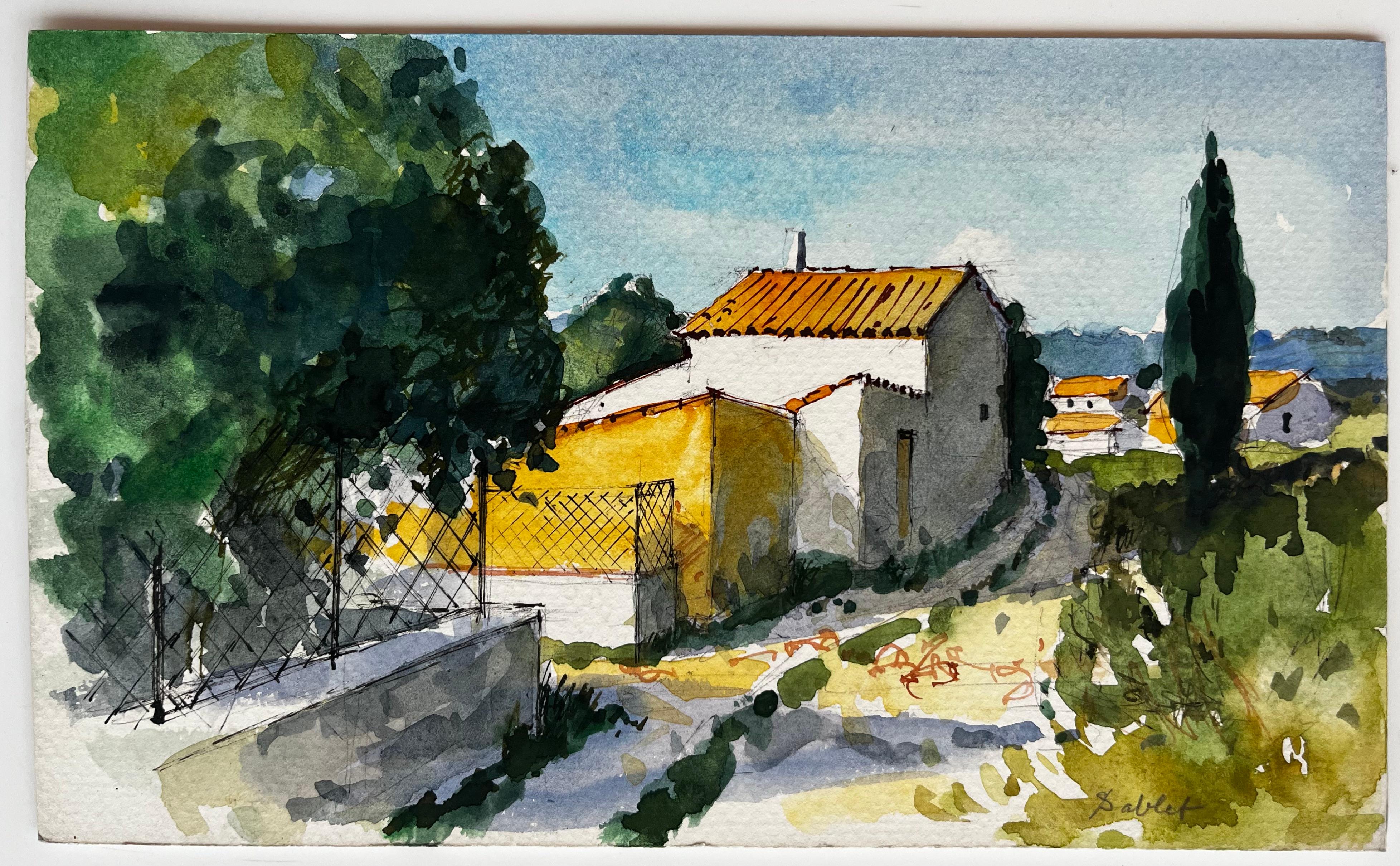 Sablet Provence Village Case illuminate dal sole Cipressi e paesaggio estivo - Painting di Pierre Neveu