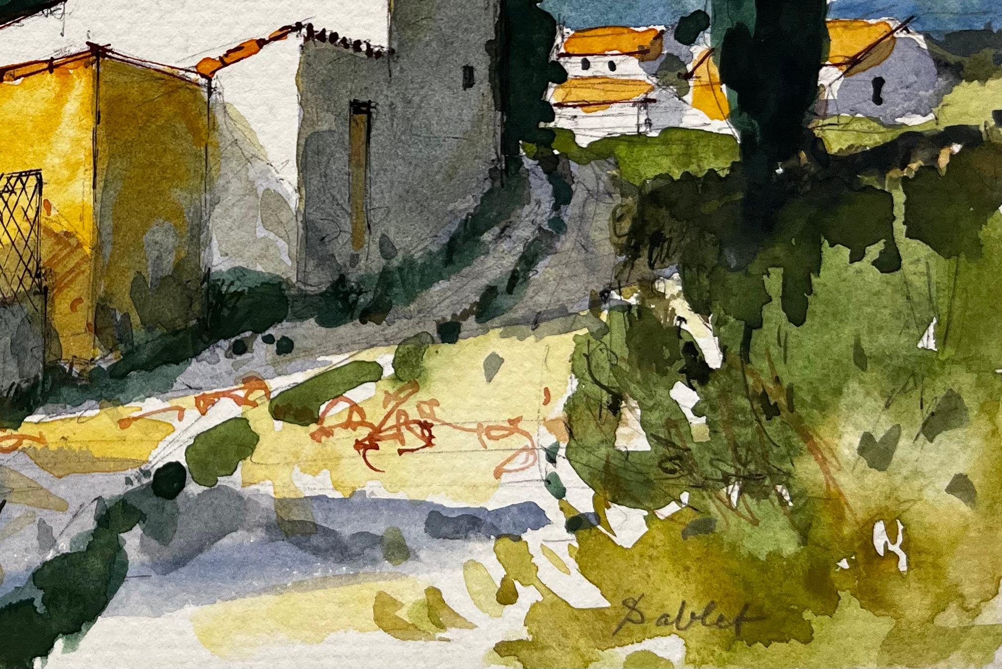Sablet Provence Village Case illuminate dal sole Cipressi e paesaggio estivo - Landscape Painting Nero di Pierre Neveu