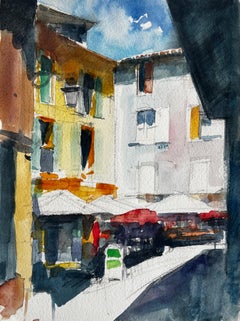 French Street Café Colourful Facades Sunlit Terrace and Market Awnings