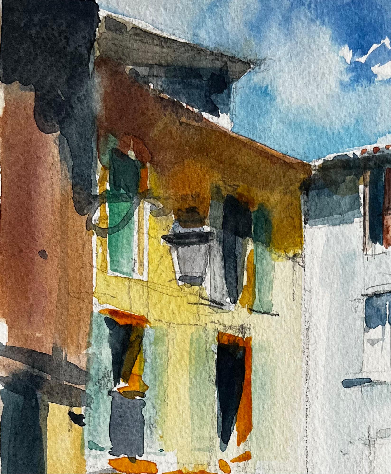 Französisches Straßencafé Farbenfrohe Fassaden Sonnenterrasse und Marktschirme (Post-Impressionismus), Art, von Pierre Neveu