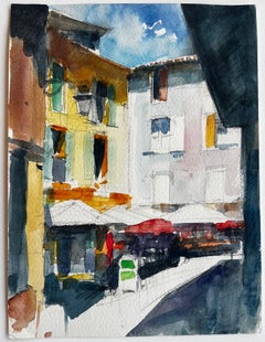 French Street Café Colourful Facades Sunlit Terrace and Market Awnings