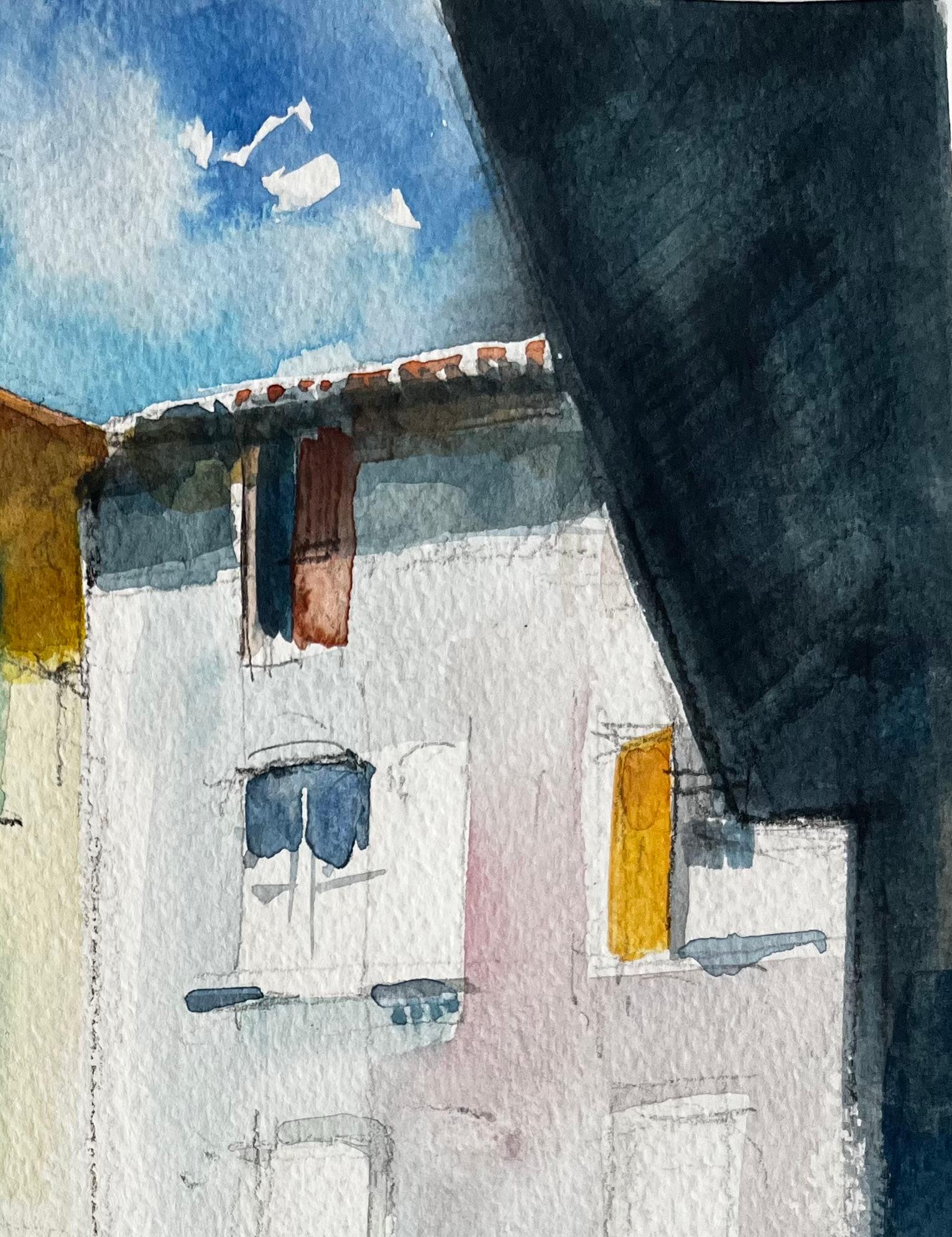 Französisches Straßencafé Farbenfrohe Fassaden Sonnenterrasse und Marktschirme (Schwarz), Landscape Art, von Pierre Neveu