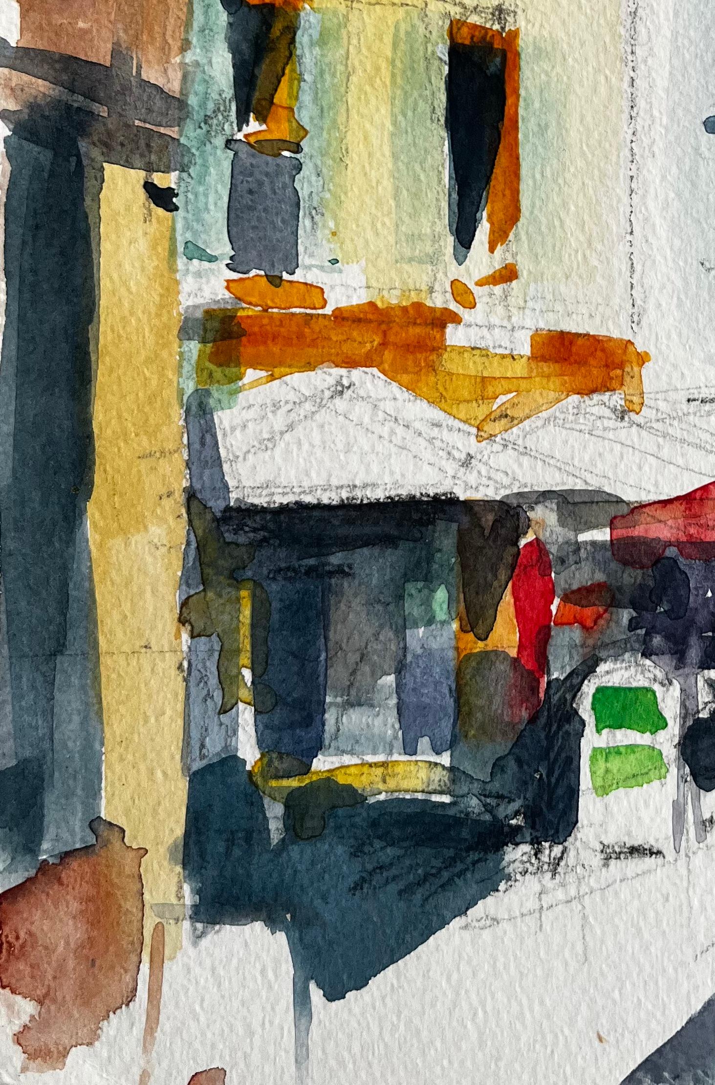 Titel: Französisches Straßencafé Bunte Fassaden, sonnenbeschienene Terrasse und Marktschirme
Künstler: Pierre Neveu (Franzose, geb. 1929)
Medium: Aquarell auf Künstlerpapier, ungerahmt
Größe (H x B): 9,25 x 7 Zoll
Zustand: Insgesamt gut, mit