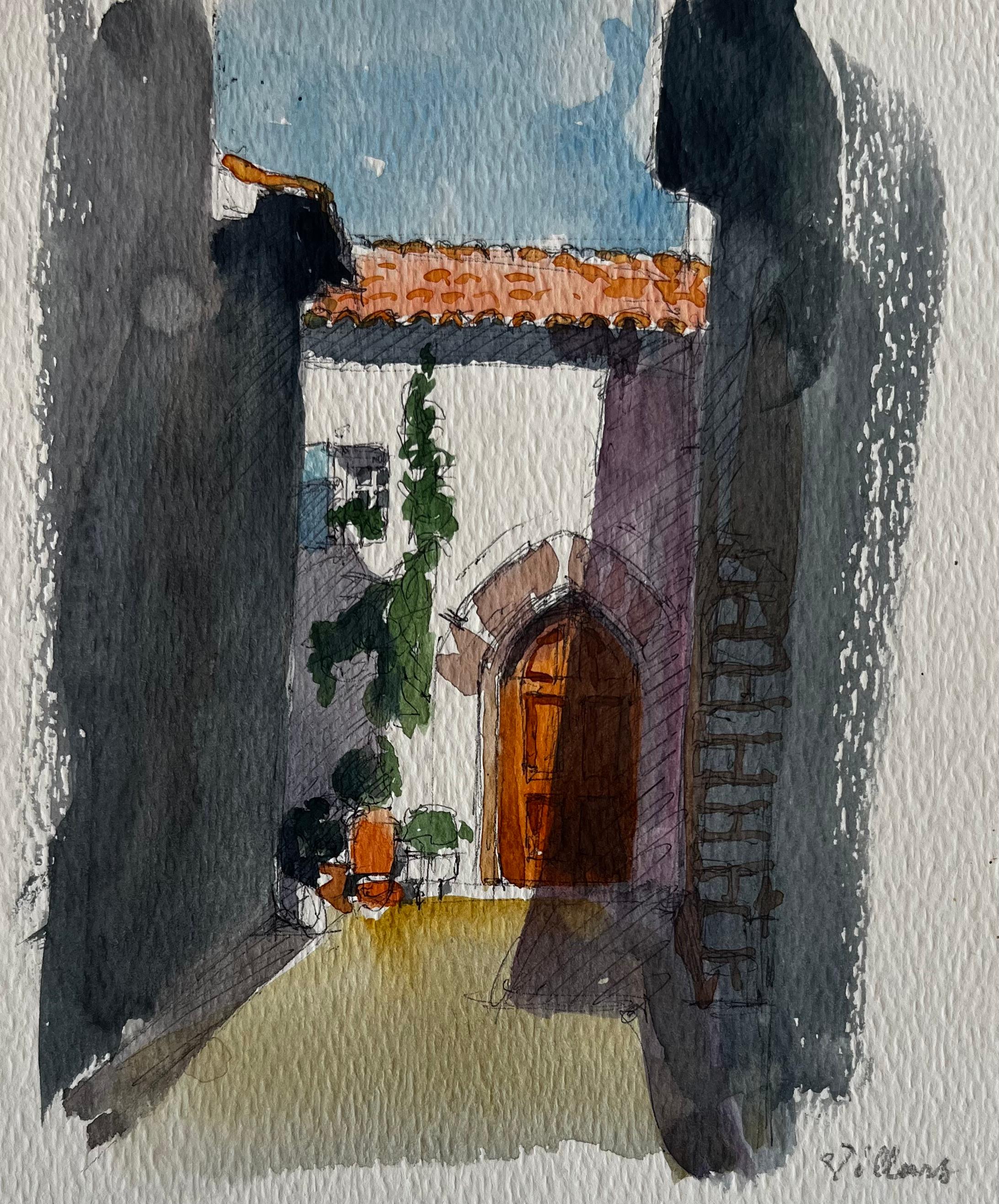 Arcade d
un village français Cour ensoleillée Porte en bois et murs en pierre Aquarelle
