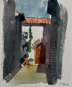 French Village Archway Sunlit Courtyard Wooden Door and Stone Walls Watercolor