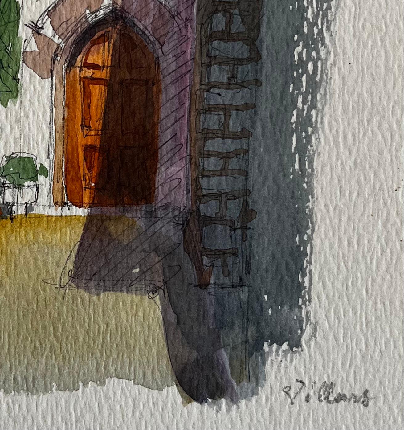 Arco del villaggio francese Cortile illuminato dal sole Porta di legno e muri di pietra Acquerello - Art Postimpressionismo di Pierre Neveu