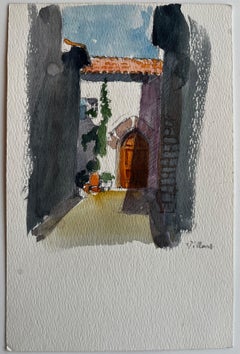 French Village Archway Sunlit Courtyard Wooden Door and Stone Walls Watercolor