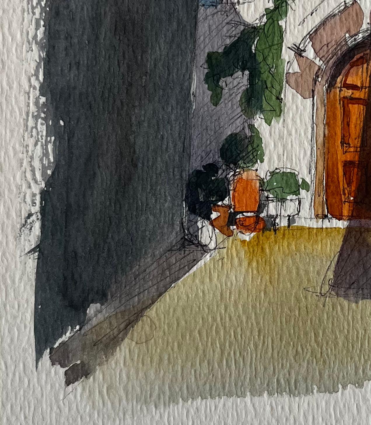 Arco del villaggio francese Cortile illuminato dal sole Porta di legno e muri di pietra Acquerello - Landscape Art Nero di Pierre Neveu