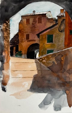 Used French Village Archway Stone Passage Terracotta Houses and Sunlit Alley