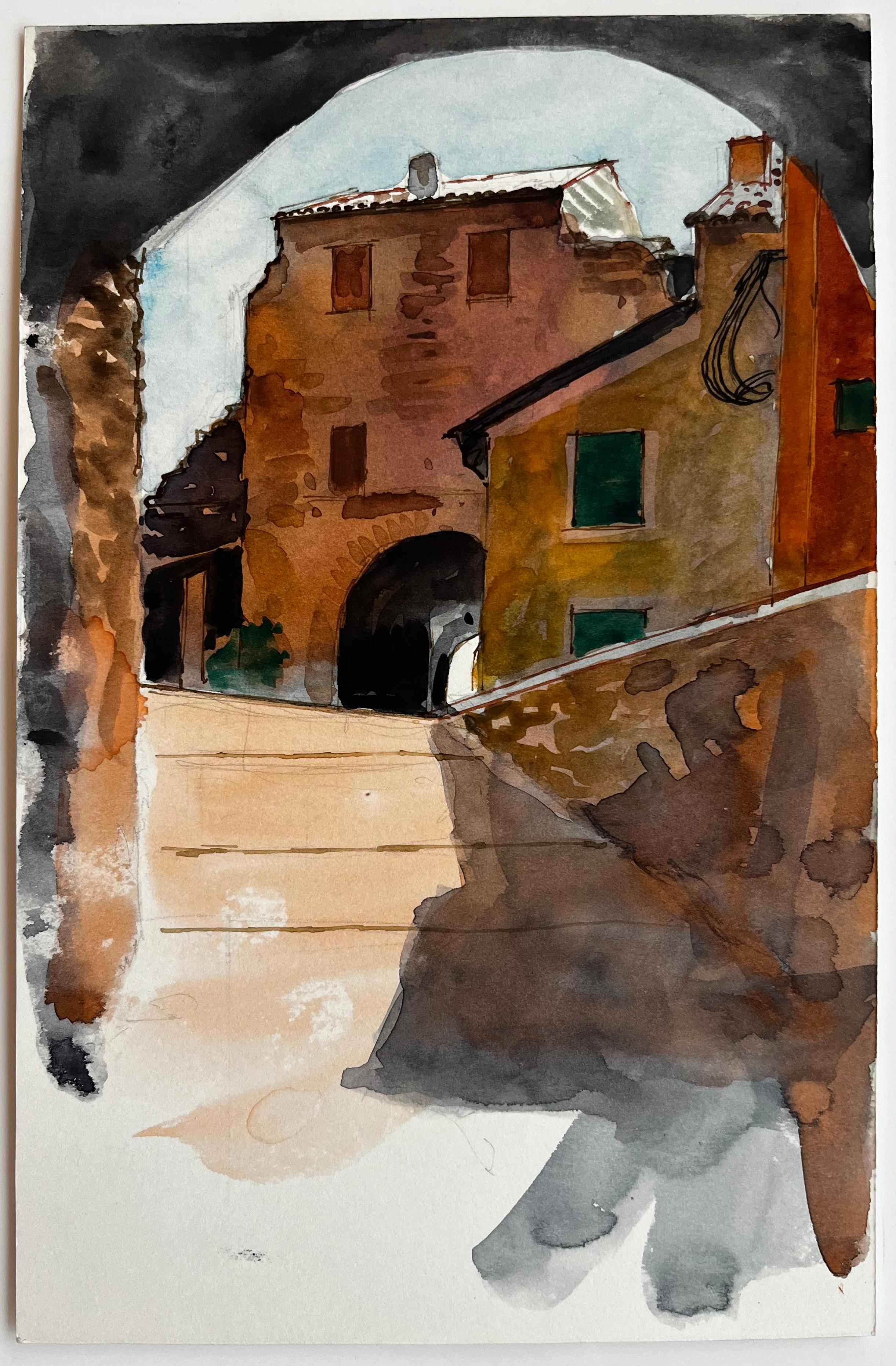 Village français Arche Passage en pierre Maisons en terre cuite et allée ensoleillée - Art de Pierre Neveu