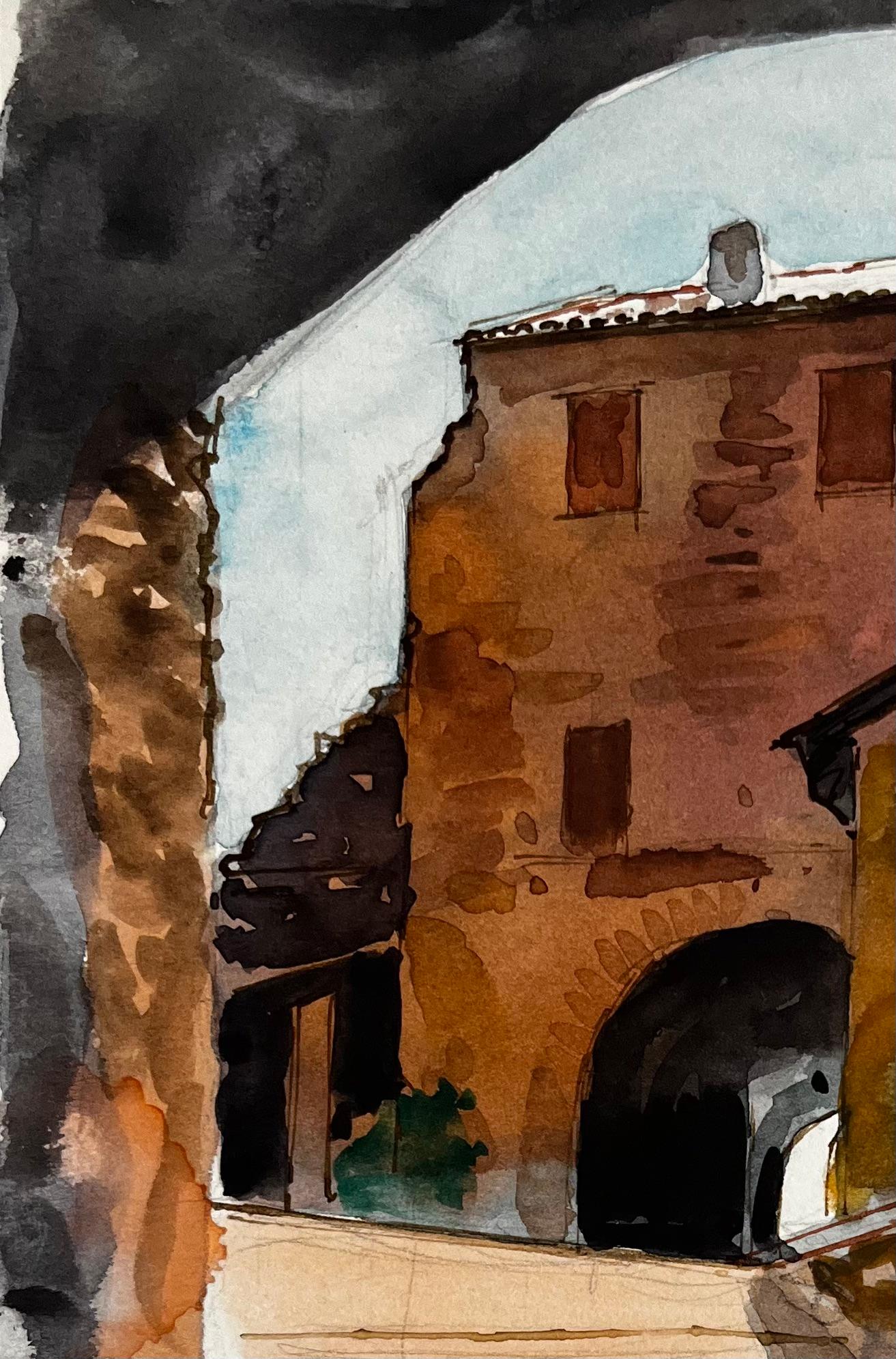 Village français Arche Passage en pierre Maisons en terre cuite et allée ensoleillée - Post-impressionnisme Art par Pierre Neveu