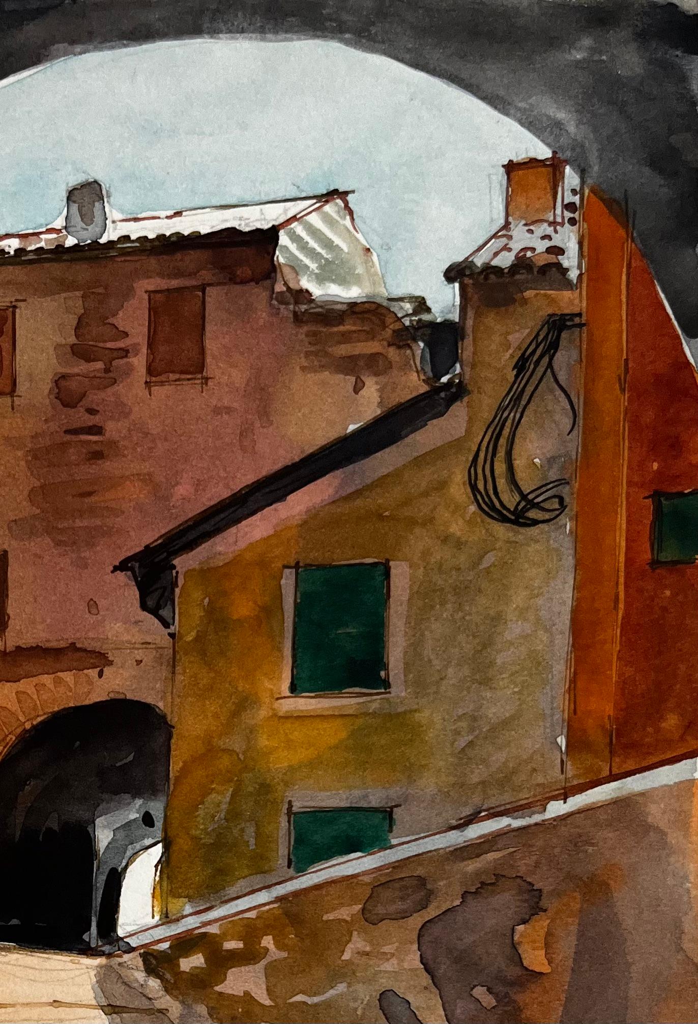 Village français Arche Passage en pierre Maisons en terre cuite et allée ensoleillée - Marron Landscape Art par Pierre Neveu