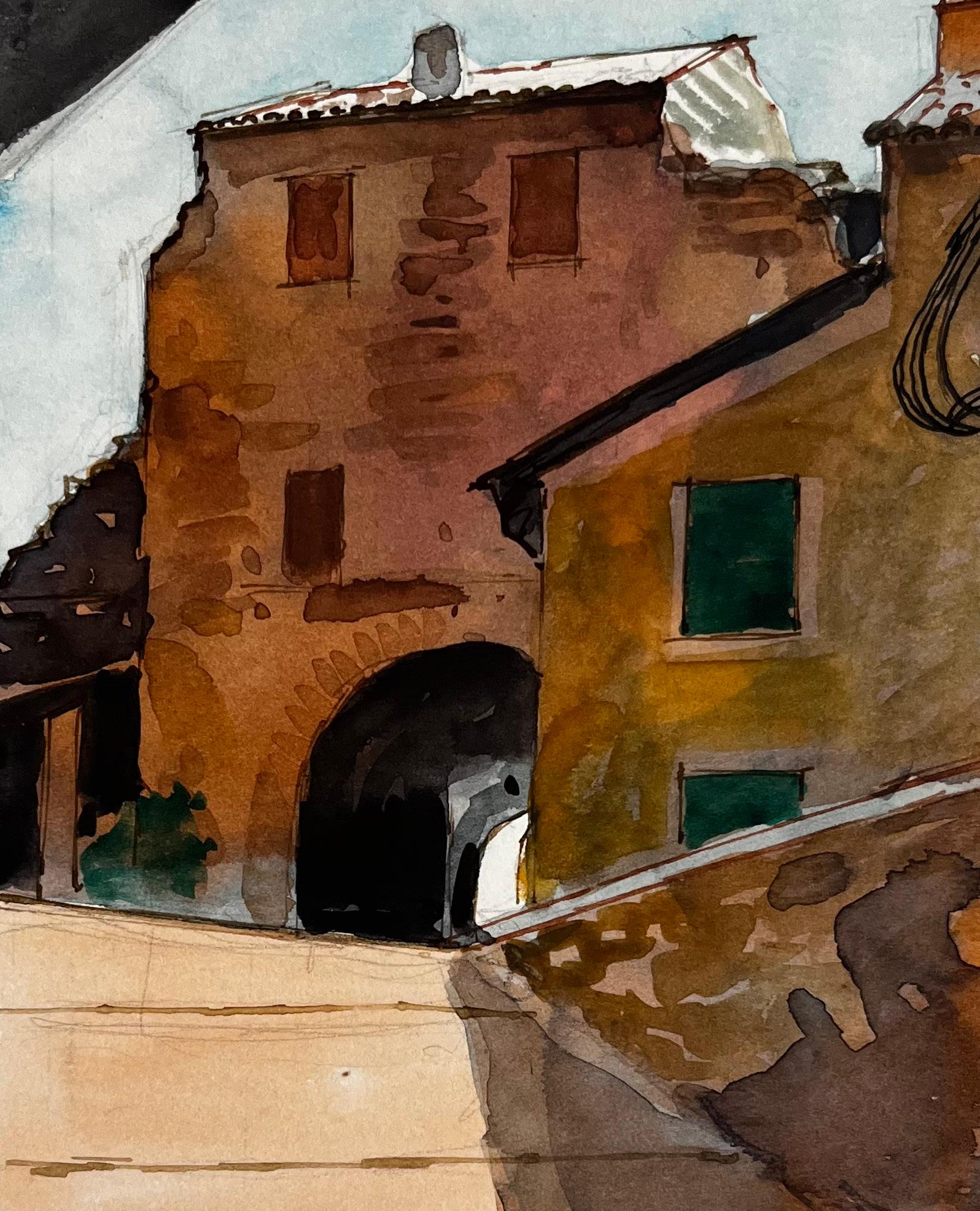 Village français Arche Passage en pierre Maisons en terre cuite et allée ensoleillée en vente 2