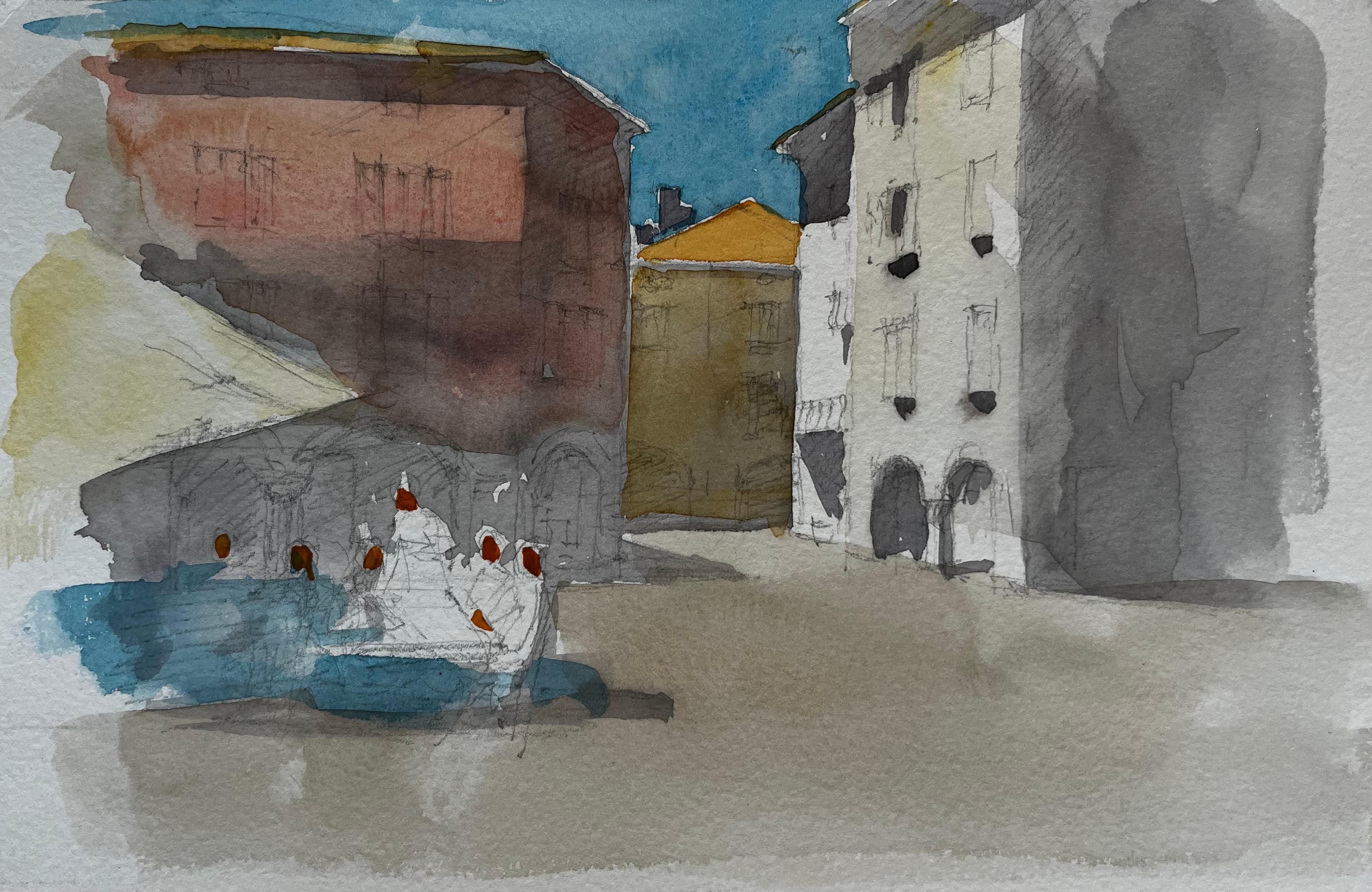 Französisch Townes Sunlit Buildings Café Figuren und Markt Schatten Aquarell