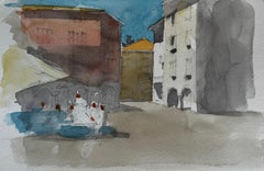 Used French Town Square Sunlit Buildings Café Figures and Market Shade Watercolor