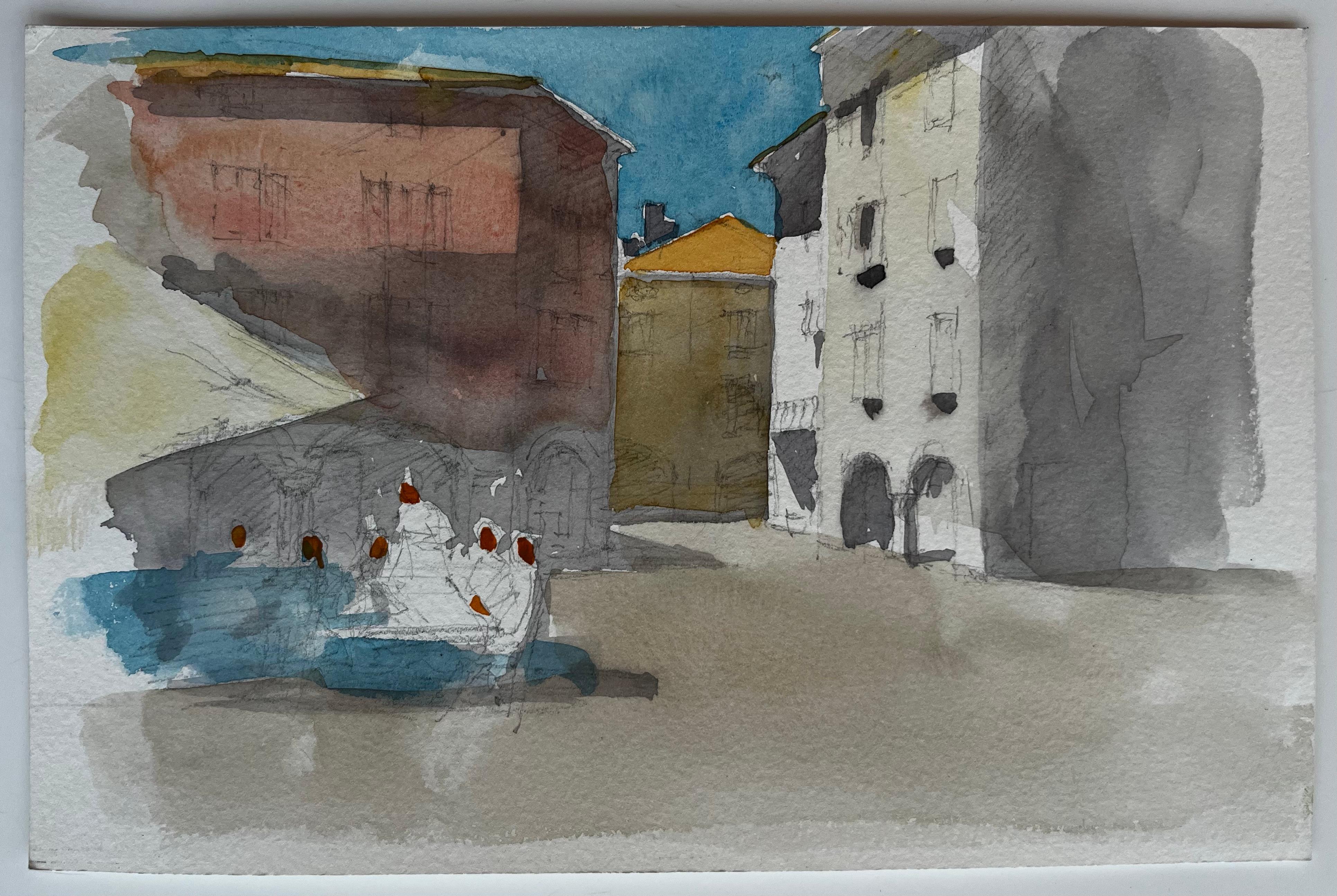 Piazza della Townes francese, edifici illuminati dal sole, figure di caffè e ombra del mercato Acquerello - Art di Pierre Neveu