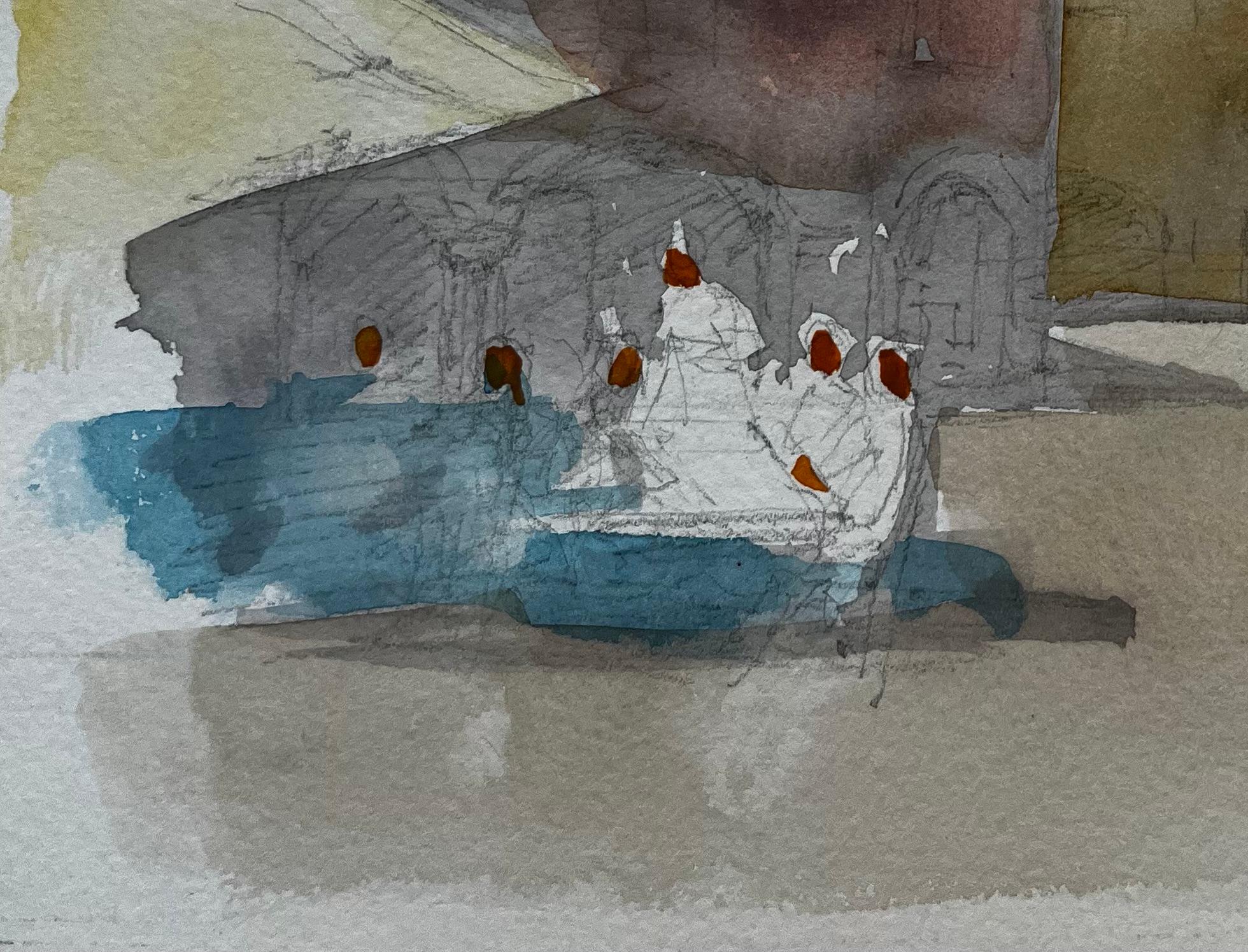 Piazza della Townes francese, edifici illuminati dal sole, figure di caffè e ombra del mercato Acquerello - Landscape Art Grigio di Pierre Neveu