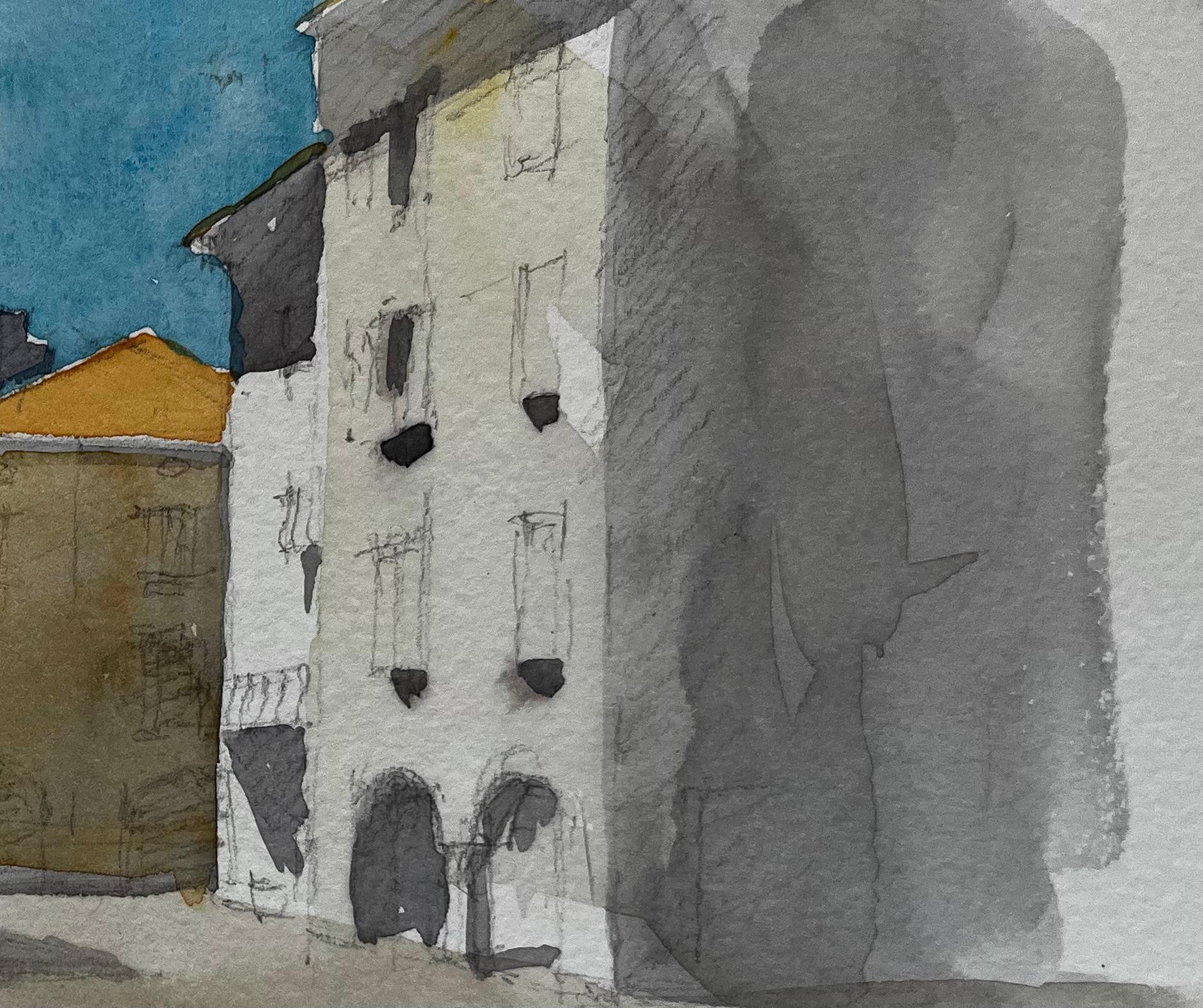 Titolo: Piazza della Townes francese, edifici illuminati dal sole, figure di caffè e ombra del mercato Acquerello
Artista: Pierre Neveu (francese, nato nel 1929)
Medium: Acquerello su carta d'artista, senza cornice
Dimensioni (H. x L): 6,25 x 9,75