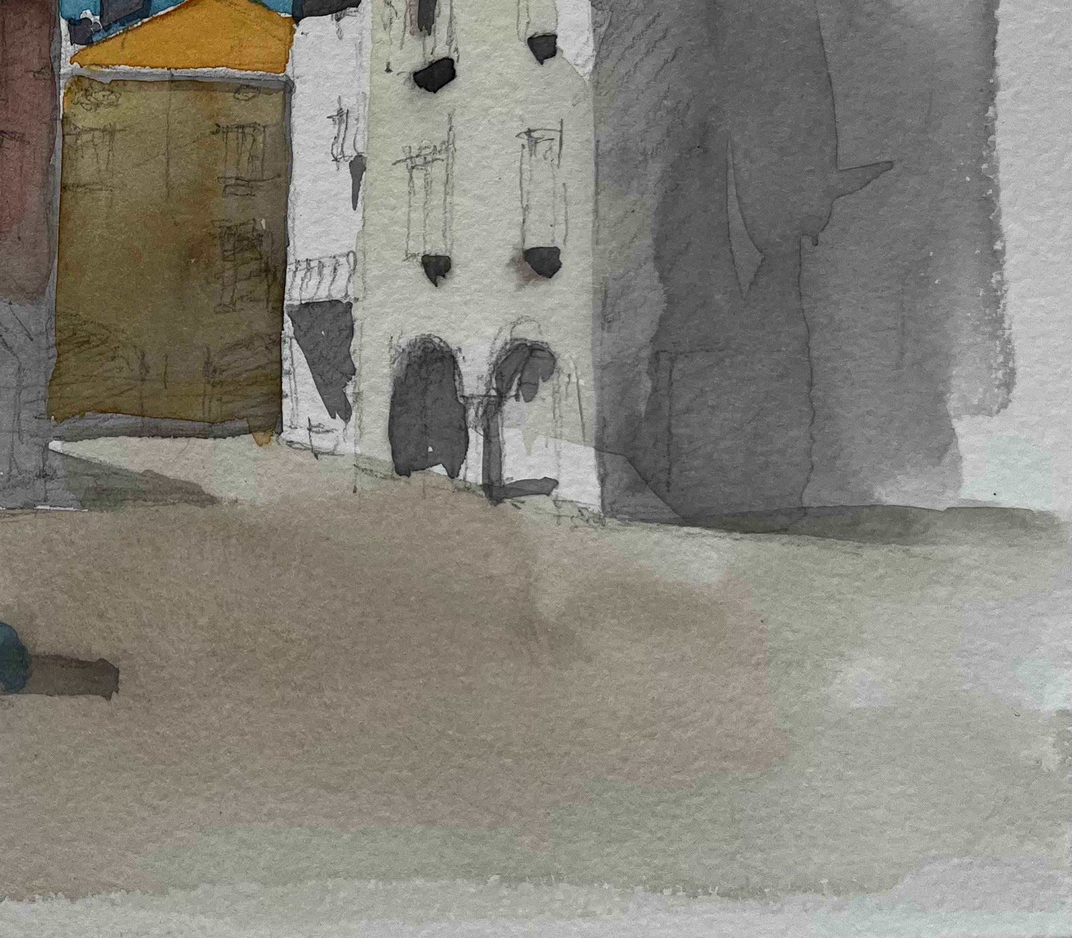 Piazza della Townes francese, edifici illuminati dal sole, figure di caffè e ombra del mercato Acquerello in vendita 1