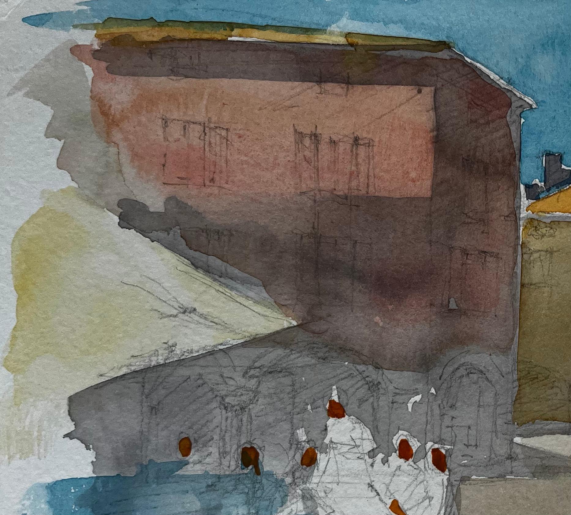 Piazza della Townes francese, edifici illuminati dal sole, figure di caffè e ombra del mercato Acquerello - Art Postimpressionismo di Pierre Neveu