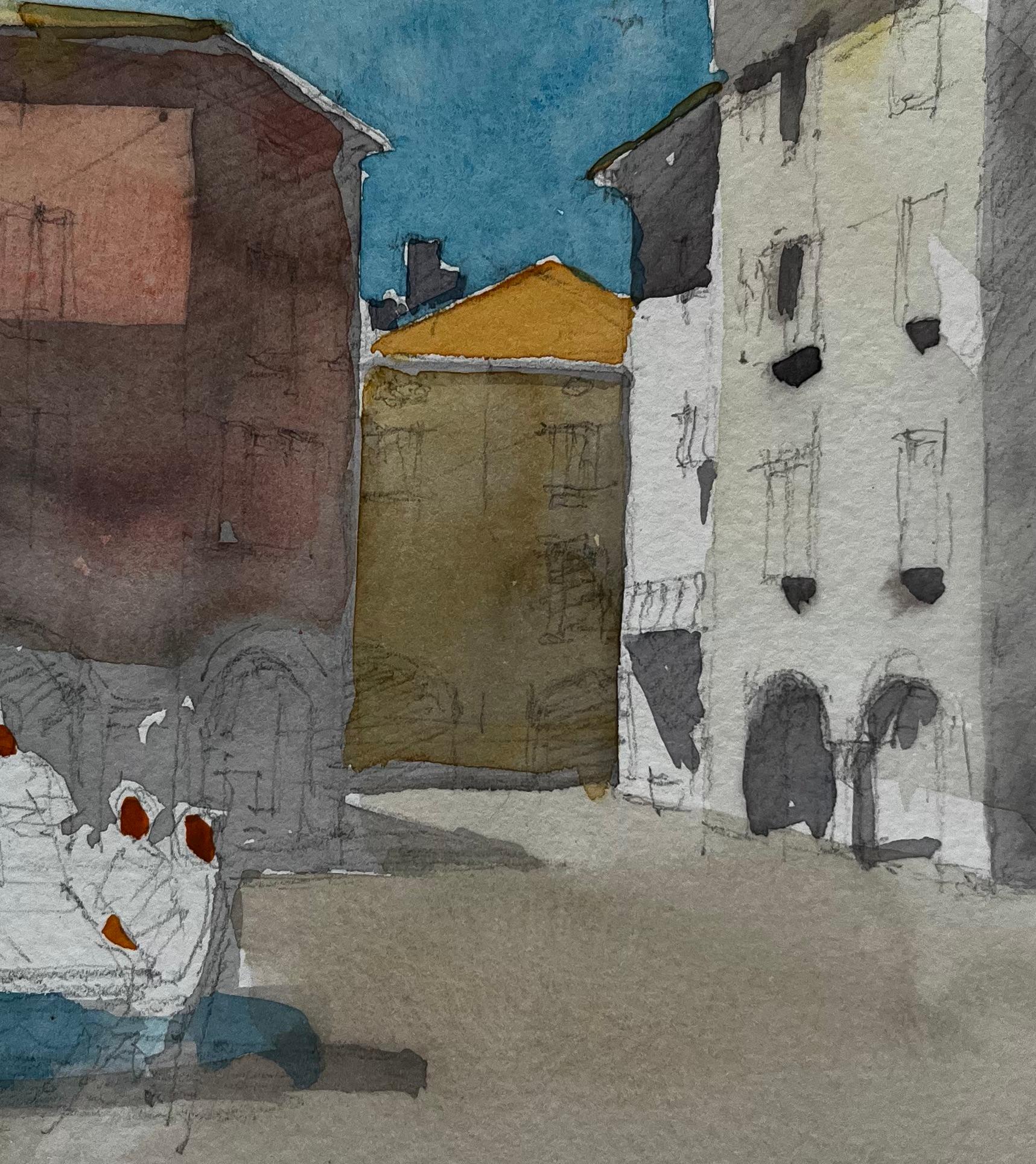 Piazza della Townes francese, edifici illuminati dal sole, figure di caffè e ombra del mercato Acquerello in vendita 2