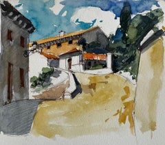 French Hilltop Village Path Sunlit Houses Terracotta Roofs and Blue Sky